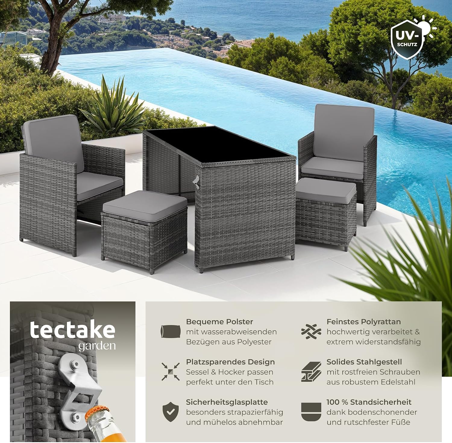 tectake Poly Rattan Sitzgruppe, 5- teiliges Lounge Gartenmöbel Set mit Tisch, Sessel & Hocker, Essgruppe für bis zu 4 Personen, Garten und Balkon Möbel inkl. Polster - grau – Bild 2