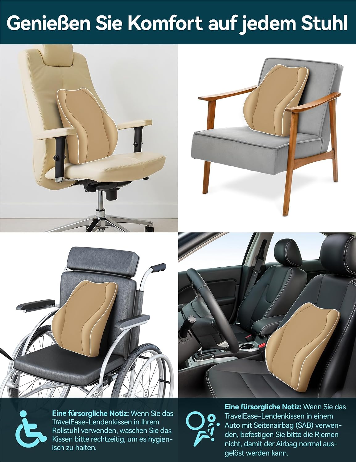 Travel Ease Ergonomisches RückenKissen aus Memory Foam, Lendenkissen für Bürostuhl, Schreibtischstuhl, mit Antistatischem, hautfreundlichem Bezug und für eine Bequeme Sitzhaltung (Khaki) – Bild 7