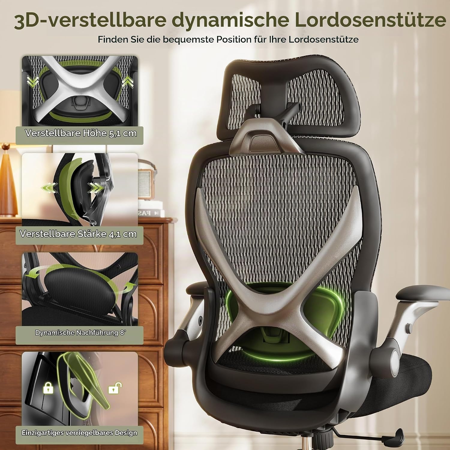 GABRYLLY Bürostuhl Ergonomisch, Ergonomischer Bürostühle mit Verstellbare Kopfstütze, Neigungsfunktion, Armlehnen, Ergonomic Office Desk Chair, Gaming Stuhl, Computerstuhl (Mitternachtsschwarz) – Bild 5
