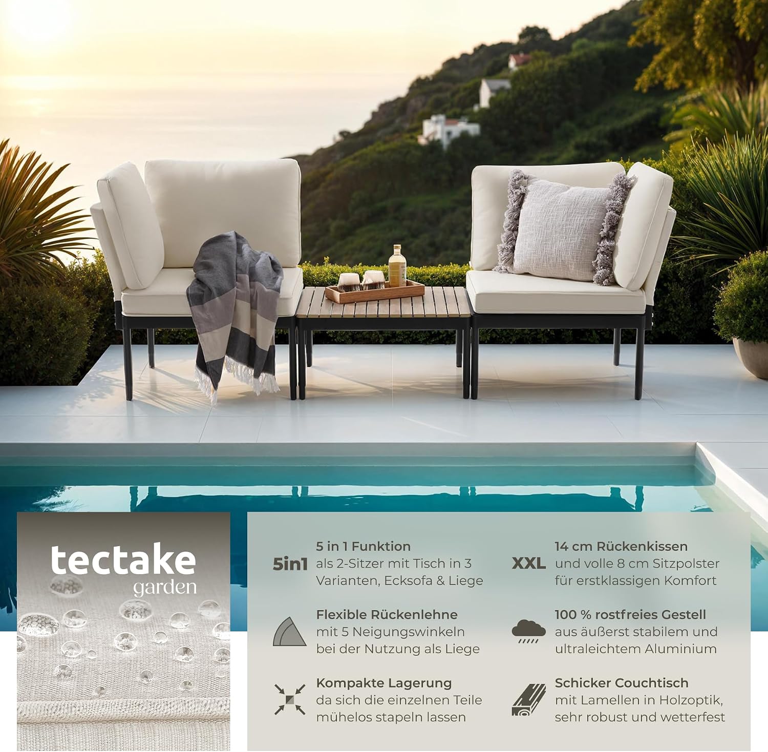 tectake® Aluminium 5in1 Gartenlounge Set, Gartenmöbel mit Outdoor Kissen wetterfest, Lounge Sessel, Liege/Gartenbank, Balkontisch, Balkonmöbel kleiner Balkon, Lounge Möbel Outdoor, Terrasse, Holzoptik – Bild 2