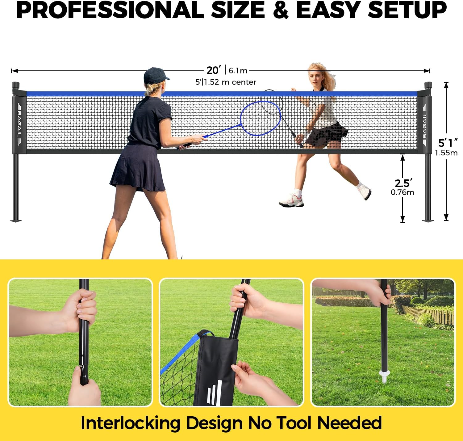 BAGAIL Professionelles Badmintonnetz-Set, TurnierschANDARD 6,1m x 1,55m, Allwettertauglich PE-Netz, 5-Minuten-Montage, Mit 4 Schlägern, 3 Schittern und Tragetasche – Bild 4