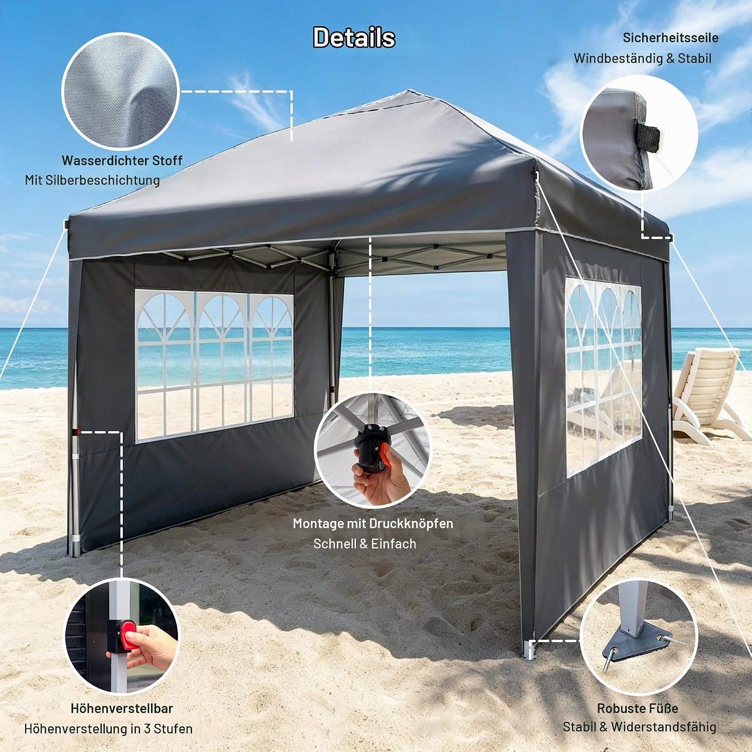 3x3 Faltpavillon, Winterfest Pop Up Pavillon mit 4 Seitenwänden Wasserdicht & Stabil, Höhenverstellbar – Ideal als Partyzelt, Gartenpavillon & Faltzelt für Camping, Festival und Party – Bild 4