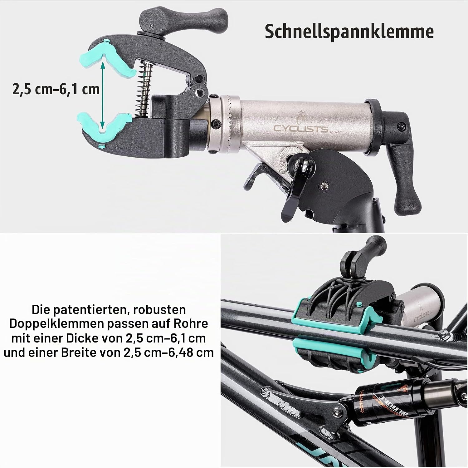 cyclists Profi Fahrrad-Reparaturständer bis 50kg – Klappbarer E-Bike Montageständer aus Aluminium – 360° Drehbar & Höhenverstellbar – Stabiler Arbeitsständer für Schwere MTB & Rennräder (Silber) – Bild 4
