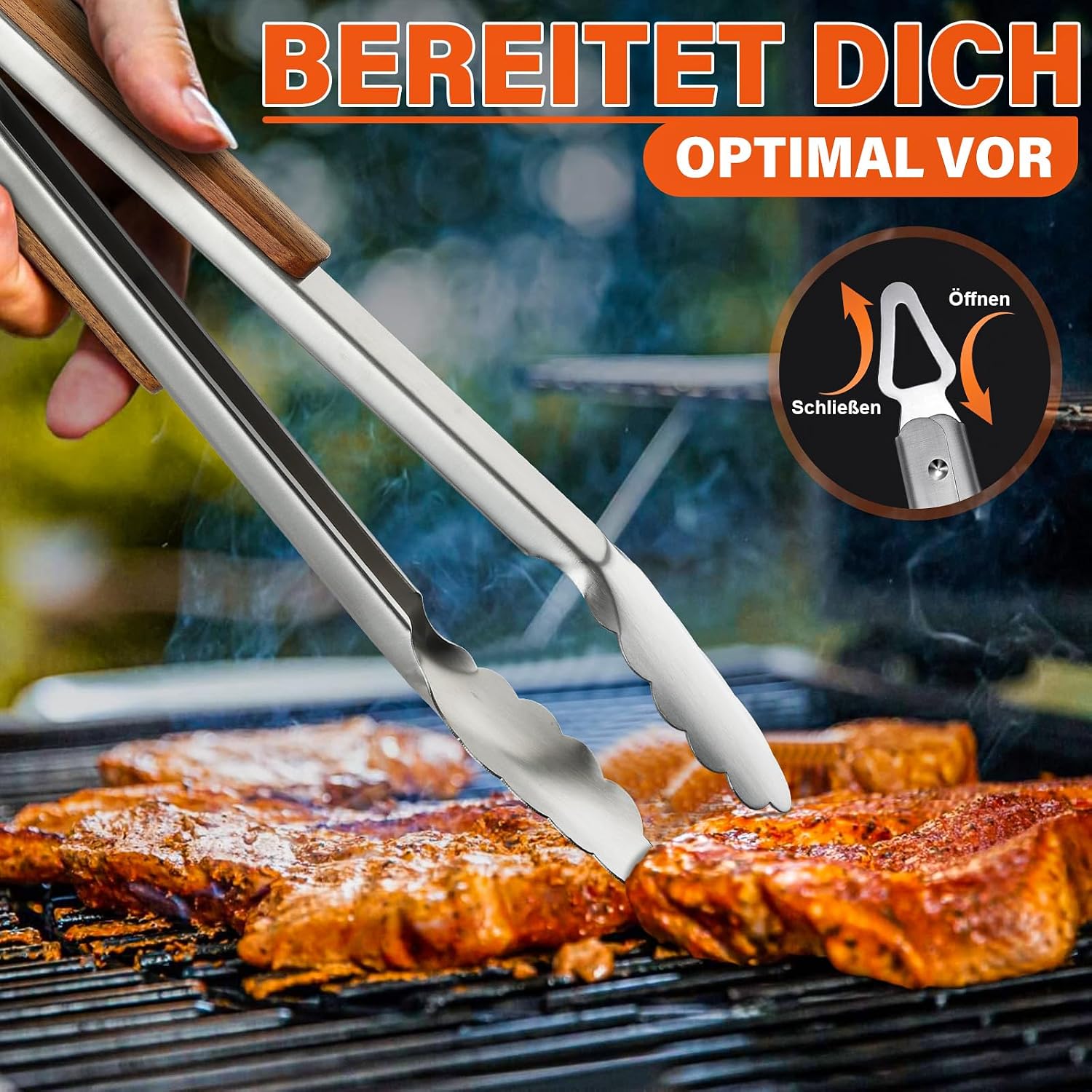 TIVOLI Grillbesteck Set 4-teilig aus Edelstahl mit Holzgriffen – Bild 5