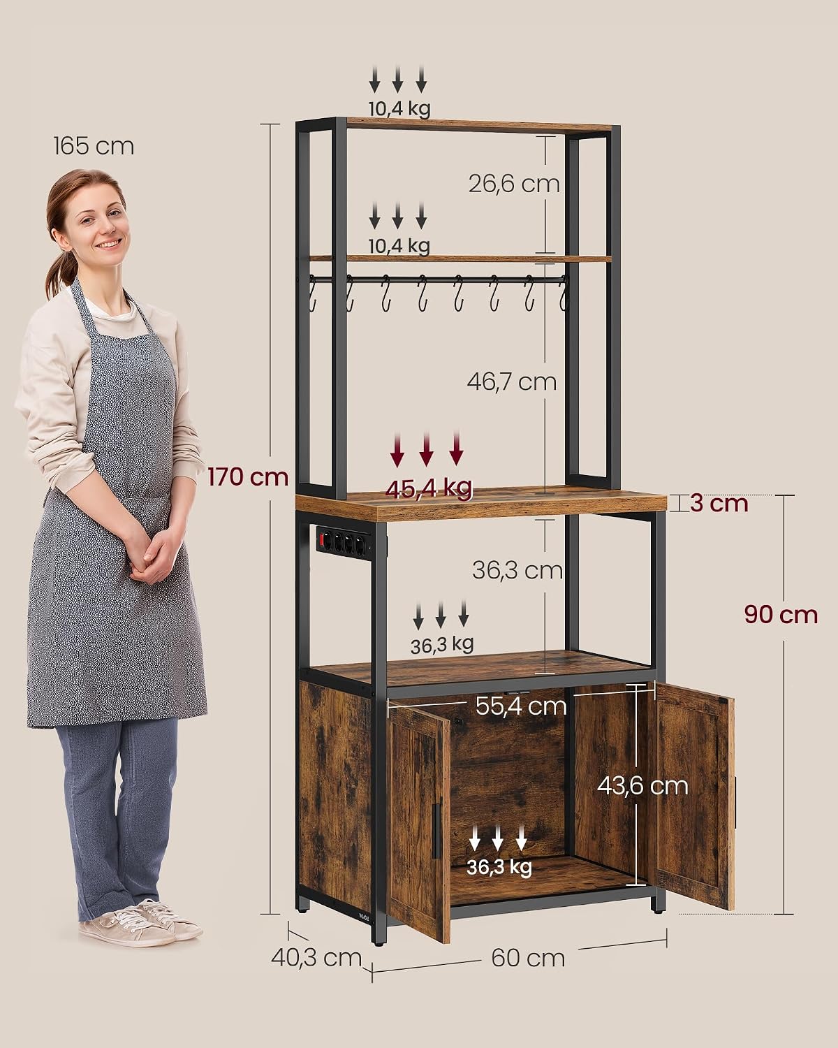 VASAGLE Küchenregal mit Steckdosen, Küchenschrank, 40,3 x 60 x 170 cm – Bild 3