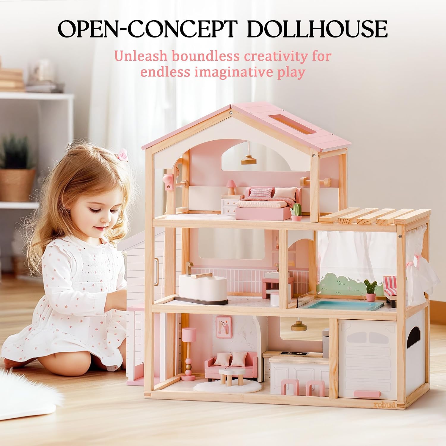 ROBUD Puppenhaus aus Holz,Puppen-Villa mit Möbel,Mit Aufzug, Garage, Pavillon und Schwimmbad,Geschenk für Kinder ab 3, 4, 5, 6 Jahren und älter,Rosa – Bild 7