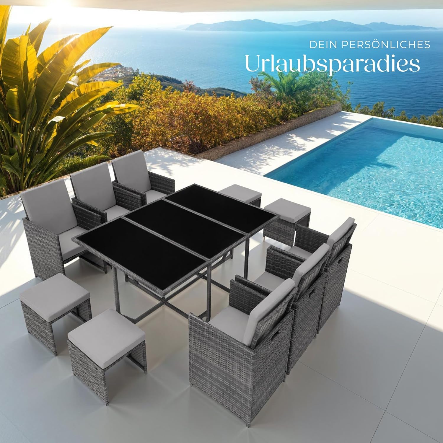 tectake® Outdoor Balkon Gartenmöbel Set, Lounge mit 6 Stühlen, 4 Hocker und 1 Tisch, Poly Rattan Geflecht, wetterfest, platzsparend - grau – Bild 9