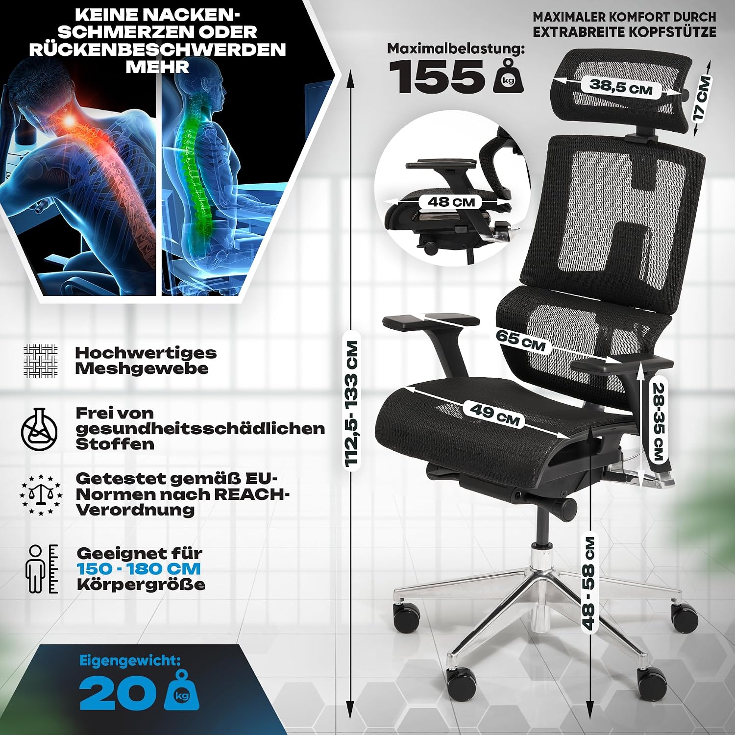 VALKENSTOL M7 Premium Bürostuhl Ergonomisch mit adaptiver Lordosenstütze – Bild 5