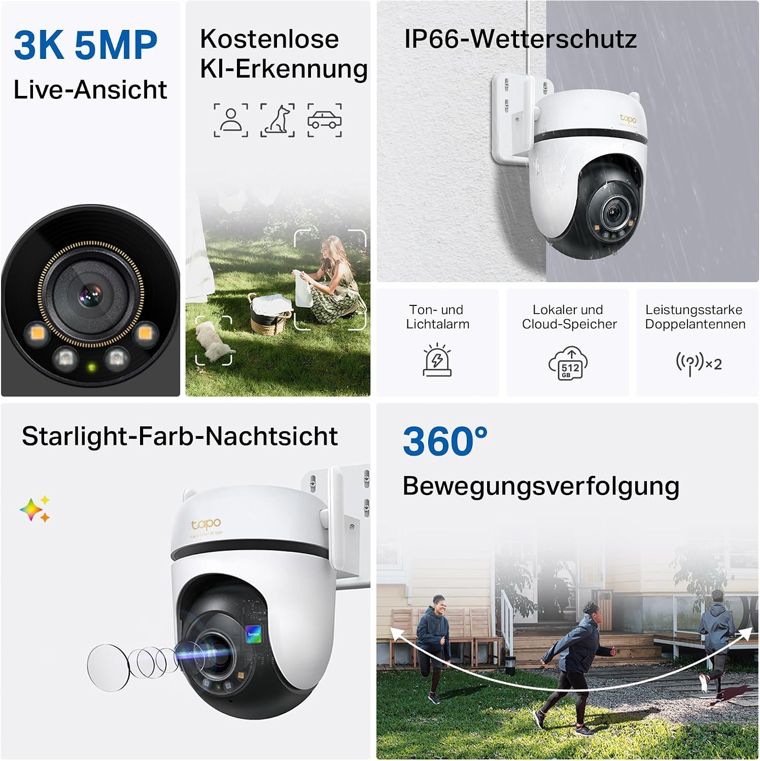 Tapo C530WS 360° Überwachungskamera Außen, 3K 5MP, Starlight Farbe Nachtsicht, KI-Erkennung, Bewegungsverfolgung, WLAN oder Ethernet, microSD-Karte bis zu 512 GB – Bild 3