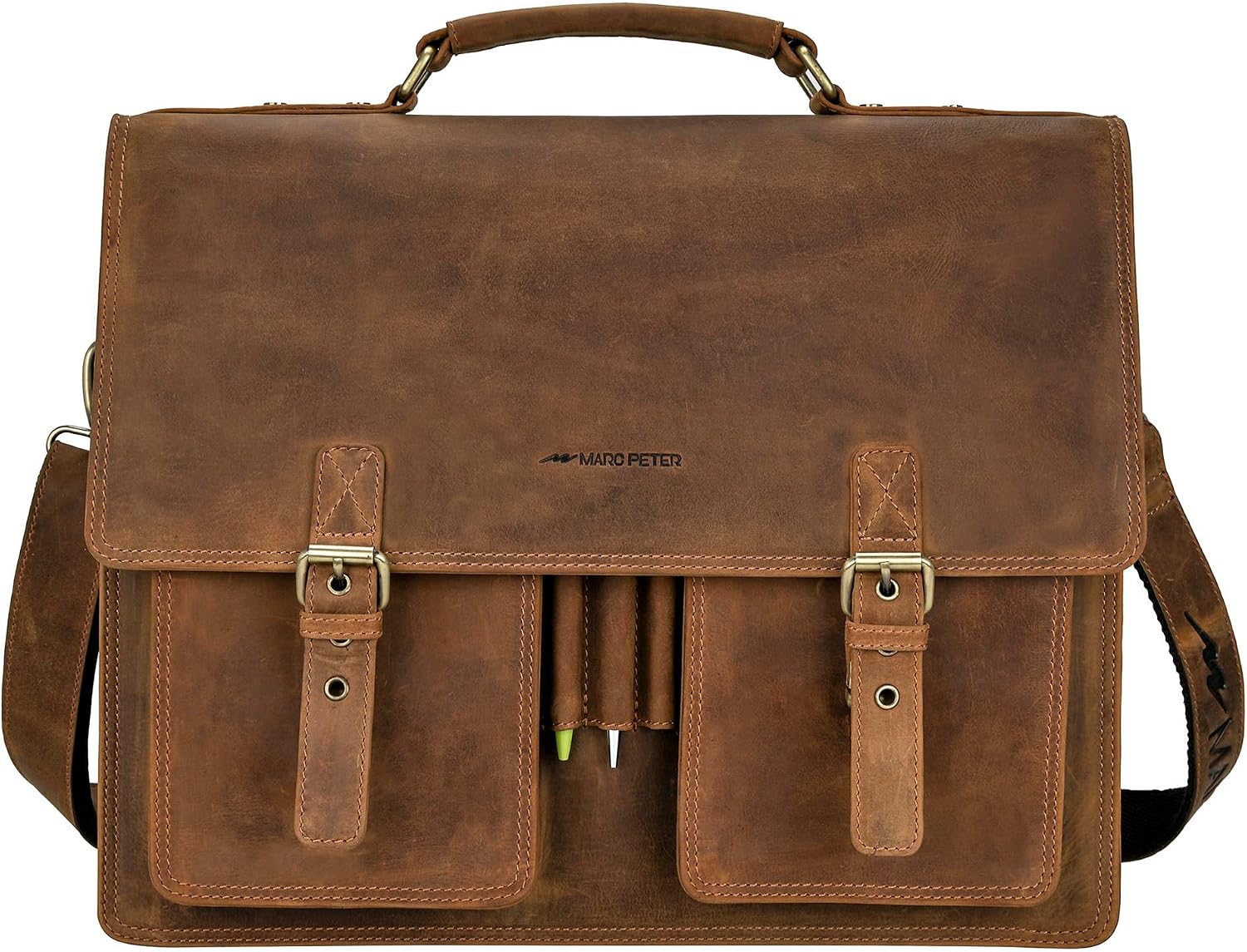 Marc Peter Amsterdam Aktentasche Leder XL Vintage Lehrertasche mit Laptopfach 15,6 Zoll große Ledertasche zum Umhängen Trolley aufsteckbar – Bild 9