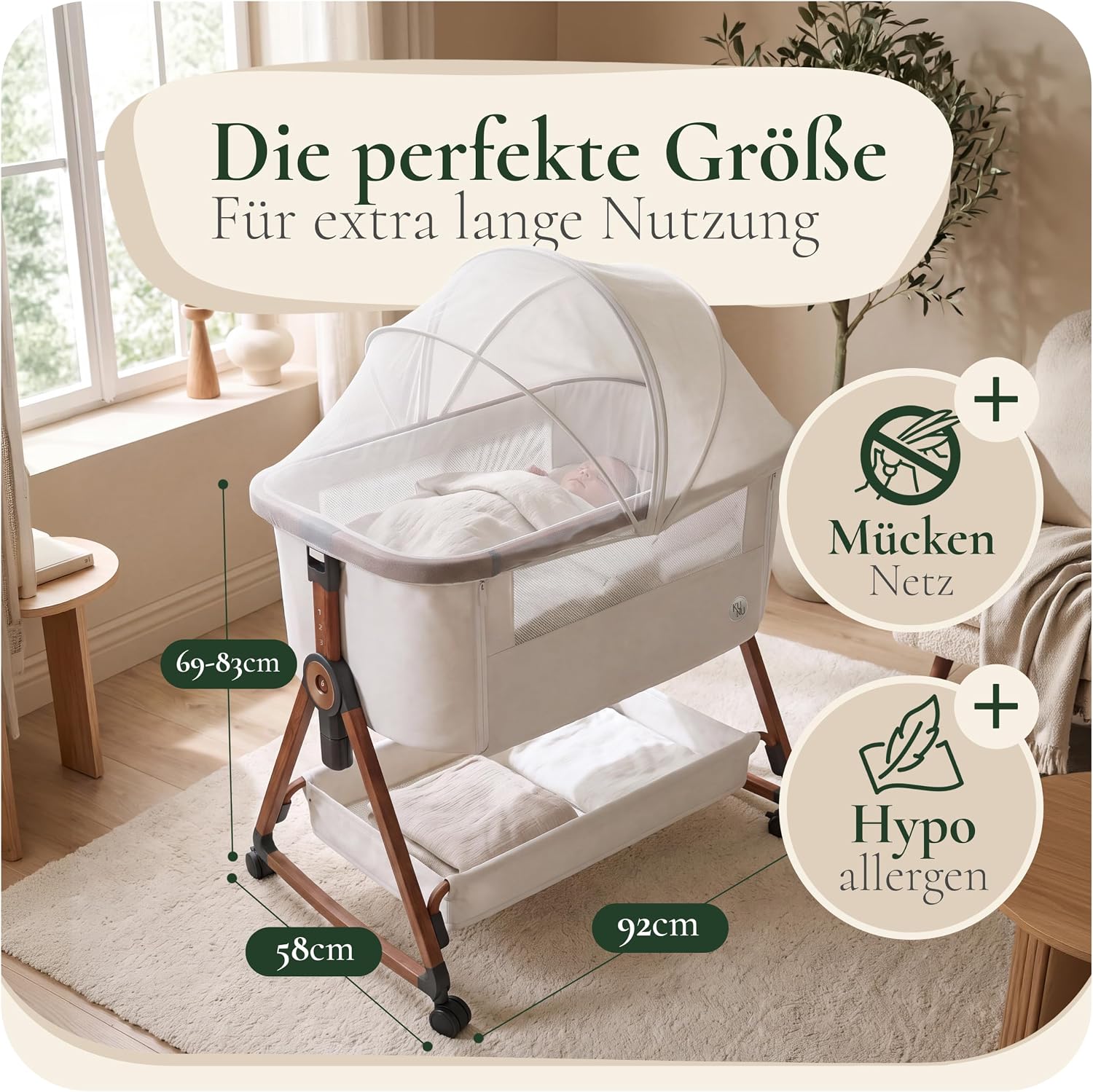 KUNU® Babybett - Beistellbett Baby mit Rollen für Boxspringbett - 3 in 1 rollbares Baby Bett Reise Babywiege - Stubenwagen mit Wiegefunktion & höhenverstellbar - Sicheres Reisebett inkl Reisetasche – Bild 5