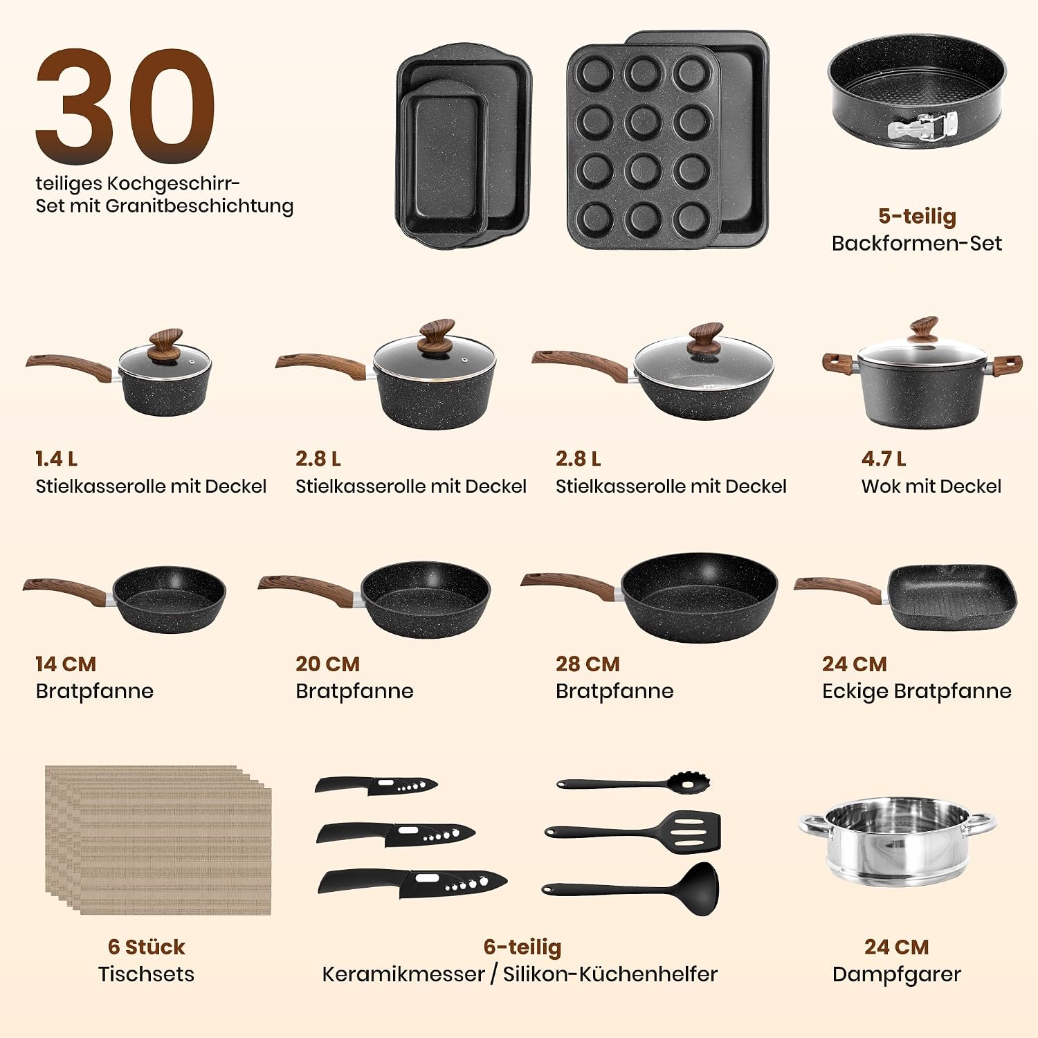 Kitchen Academy 30-teiliges Topfset Induktion, Granit Topf Pfannen Set – Bild 2