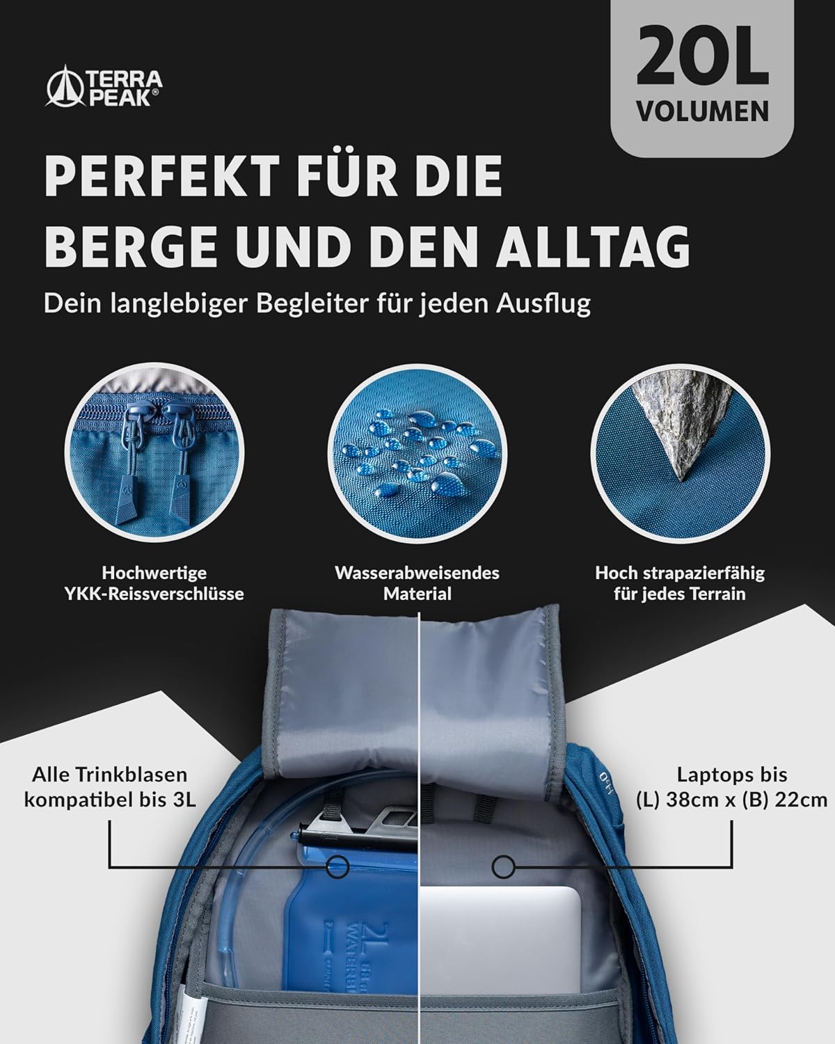 Terra Peak® Premium Wanderrucksack 20L (FLEX 20) klein mit Rückenbelüftung, Regenschutz & Trinksystem-Halterung - Ergonomischer Outdoor Trekkingrucksack aus 3D Air Mesh Polyester & Hüftgurt – Bild 5