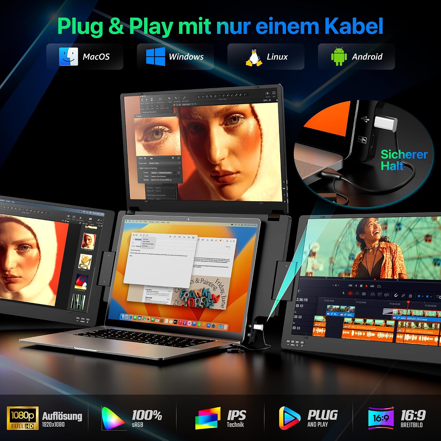 ROADOM 15,6" Triple Laptop Monitor, 1080P FHD IPS, Type-C, Metallgehäuse – Bild 2