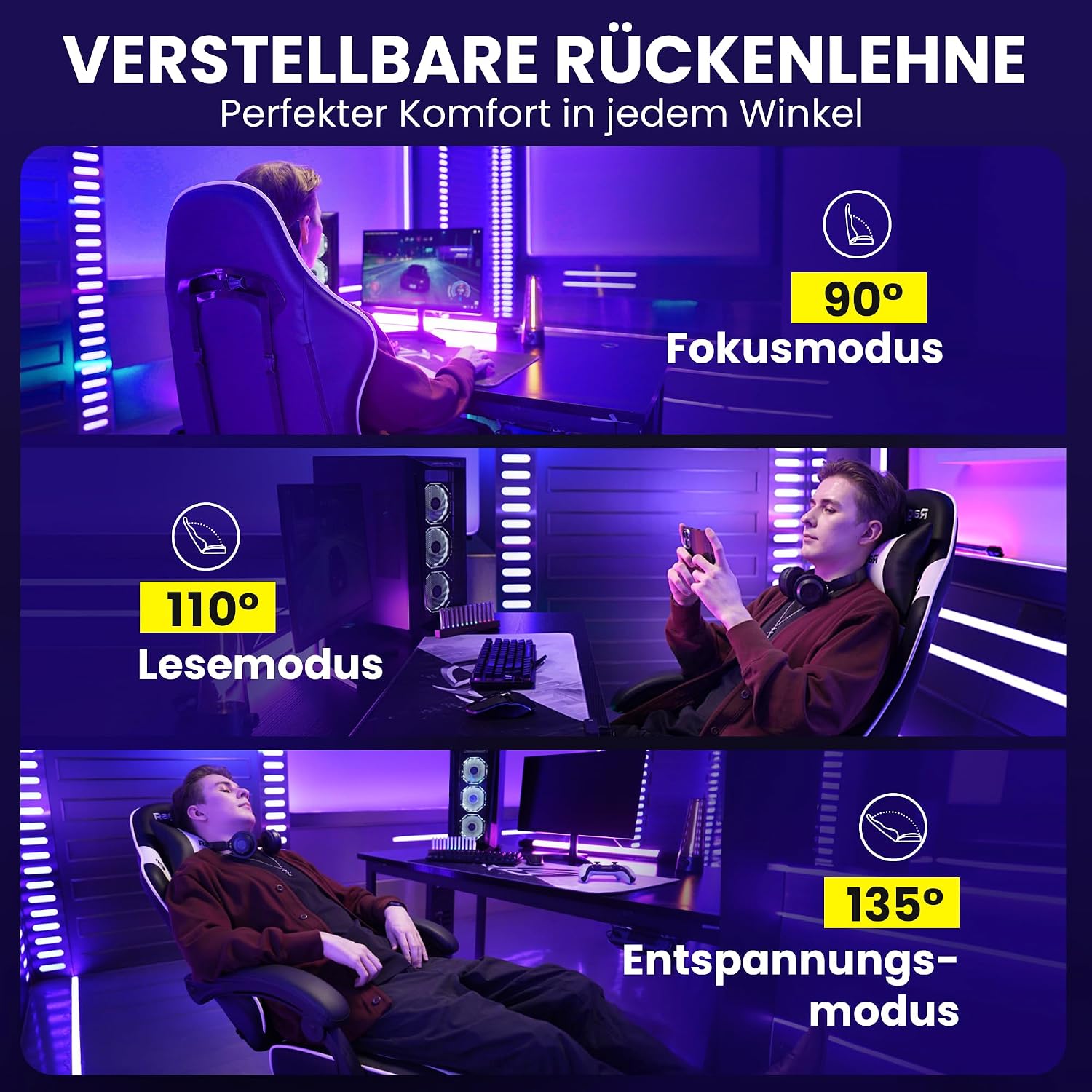 Gaming Stuhl Chair Gamer Sessel - Verstellbarer PC Drehsessel gepolstert Fußstütze Kopf und Lordosenstütze 51 cm Breiter Sitz Stabiler Einteilrahmen 90‑135° Neigung Tragkraft 280 Kg Tiefschwarz – Bild 7