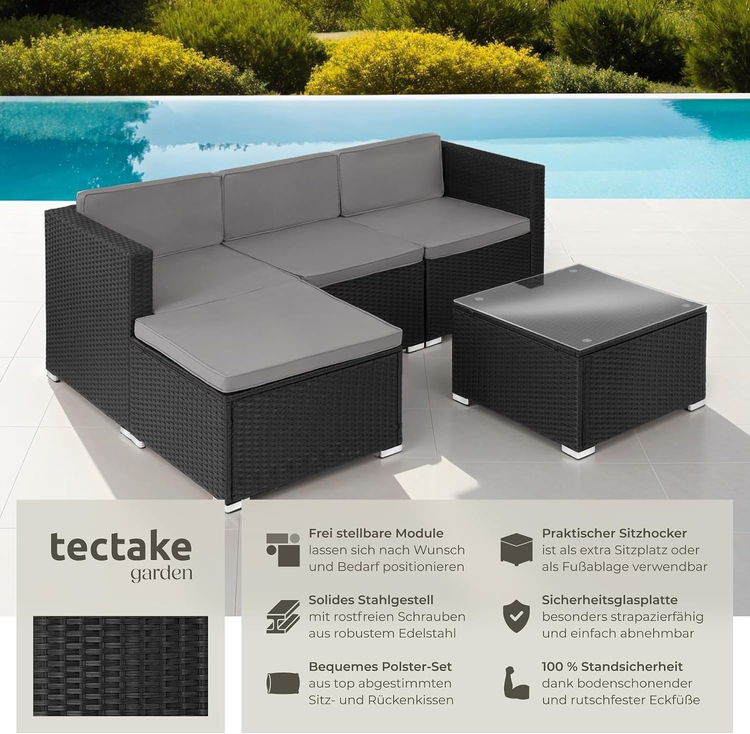 tectake® Poly Rattan Lounge, Outdoor Sitzgruppe, Set mit Sofa Sessel, Hocker, Tisch, frei kombinierbar, Sitzecke für 3-4 Personen, Möbel wetterfest für Garten Terrasse Balkon - schwarz – Bild 2