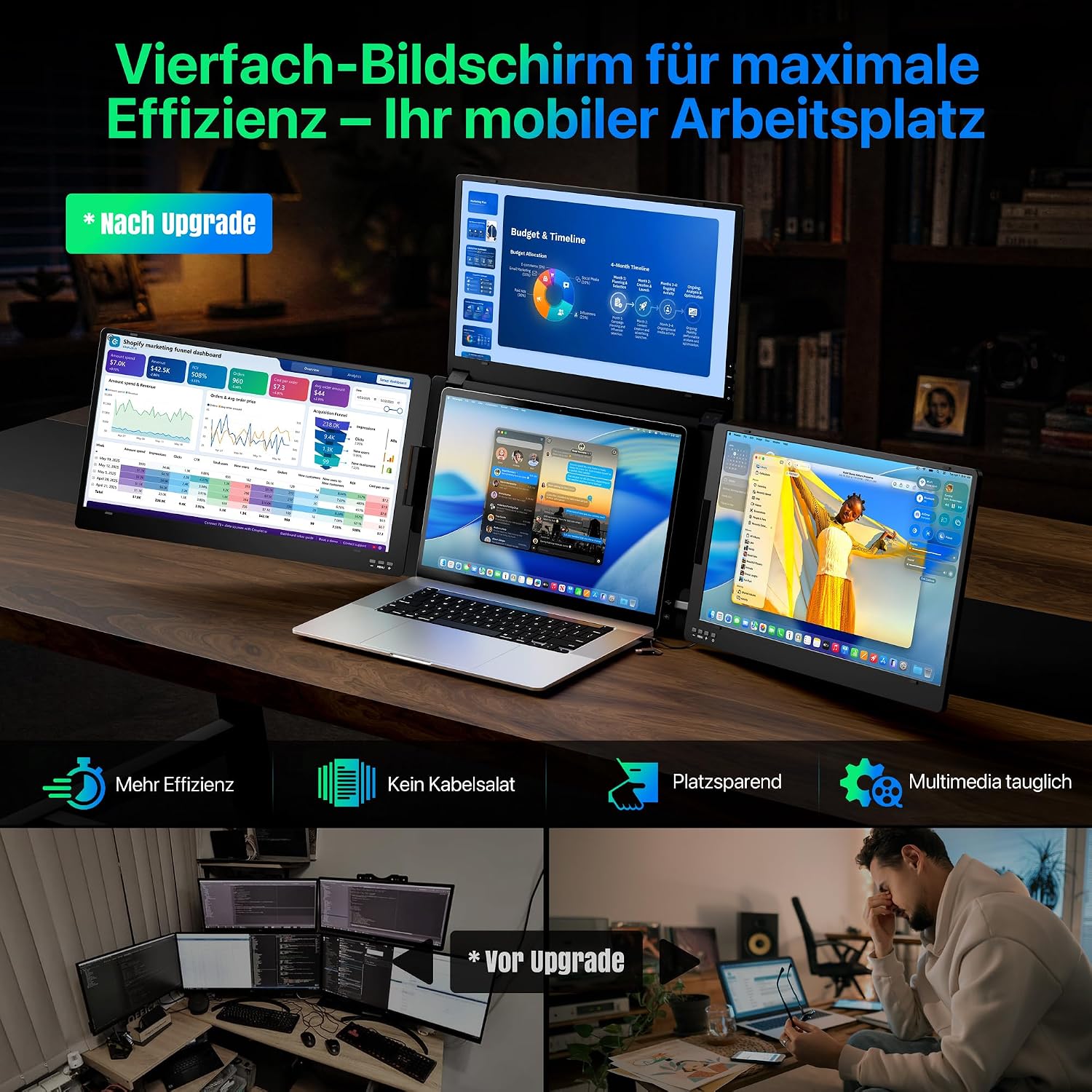 ROADOM 15,6" Triple Laptop Monitor, 1080P FHD IPS, Type-C, Metallgehäuse – Bild 3