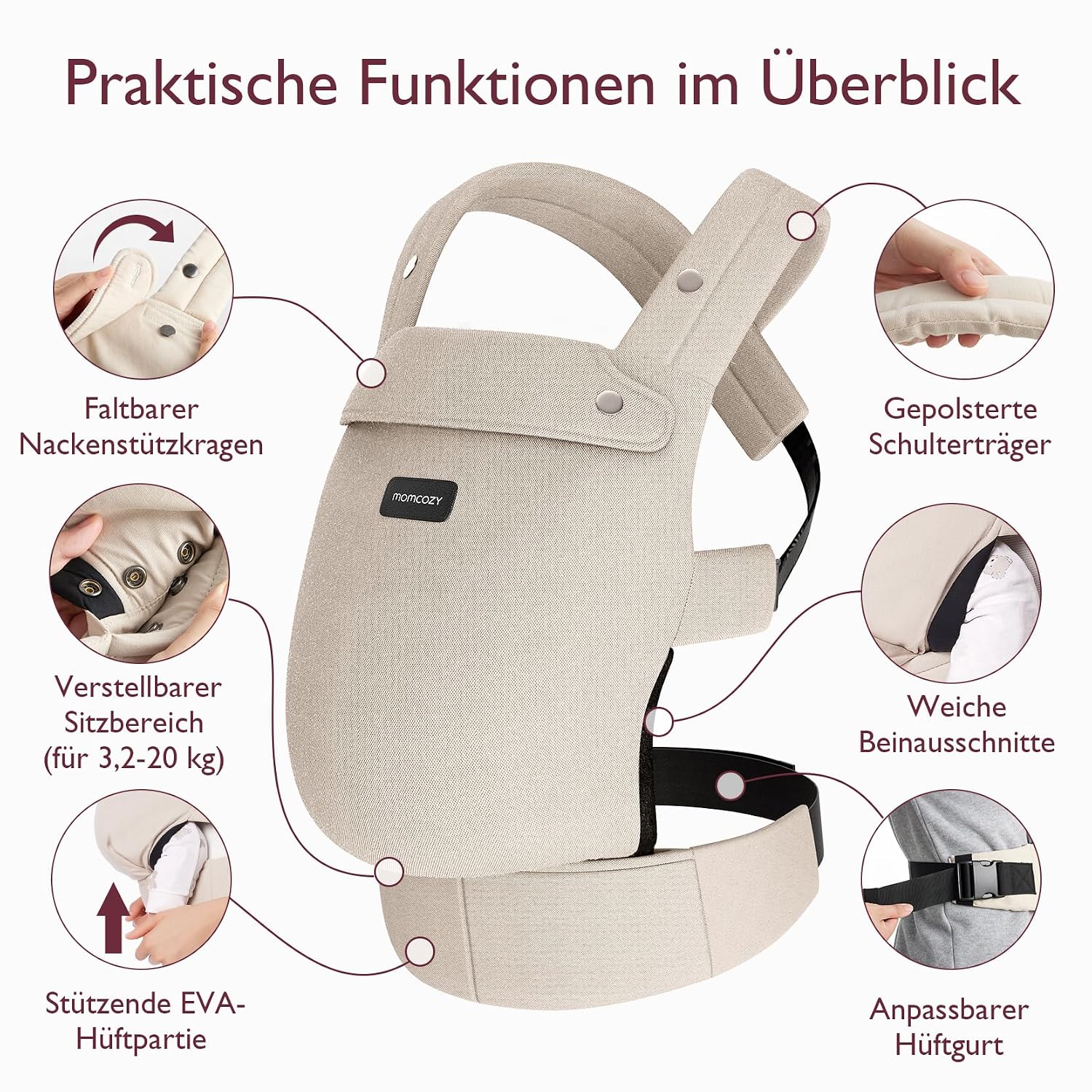 Momcozy Babytrage 100% Baumwolle ab Geburt, Khaki – Bild 5