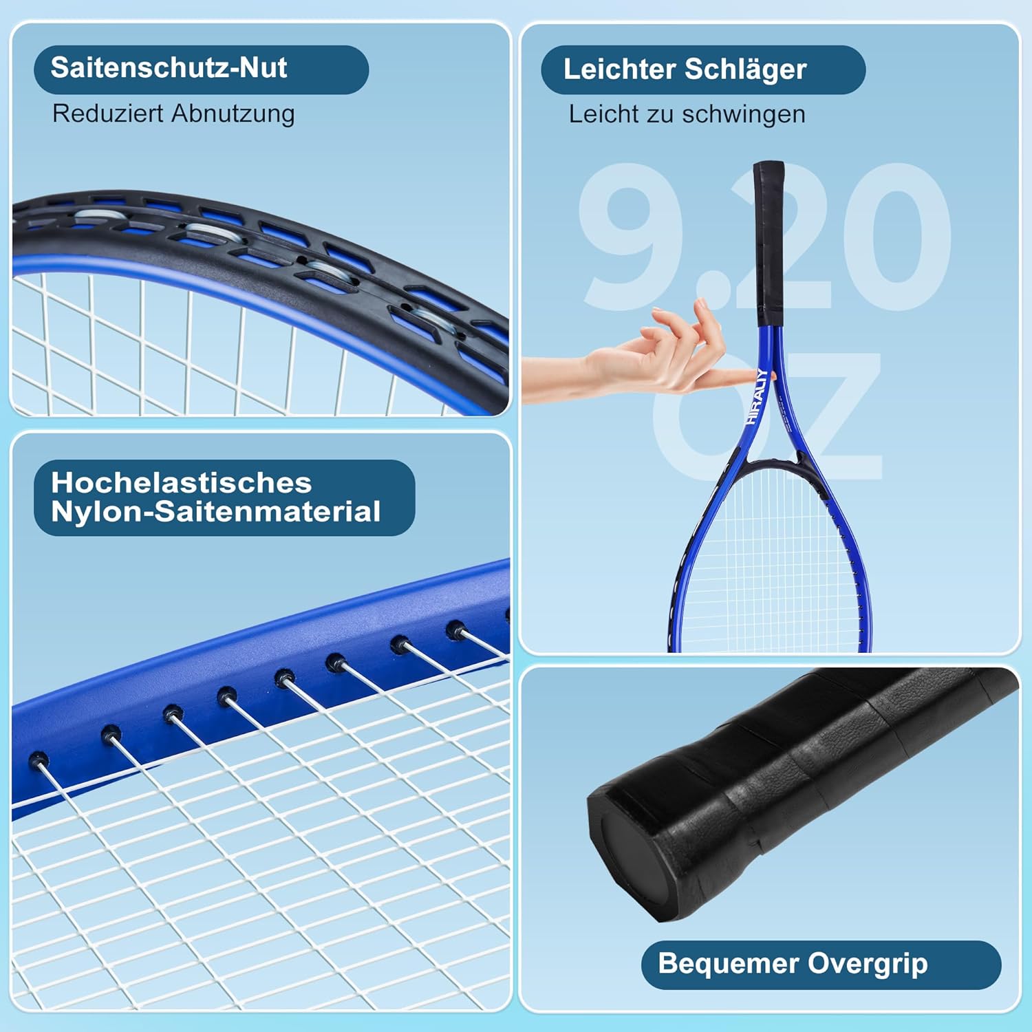 HIRALIY Tennisschläger-Set für Erwachsene, 68,6 cm, vorbespannte Tennisschläger für 2 Spieler, 2 Overgrip-Bänder, 3 Bälle und 1 Tragetasche, Outdoor-Freizeitsport für Anfänger – Bild 2