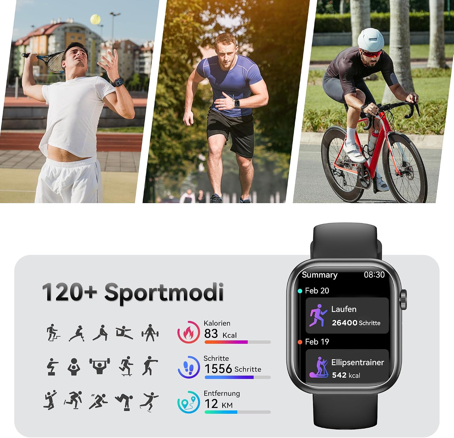 Smartwatch Damen Herren, 1.83" HD Fitness Tracker mit Schrittzähler/Blutdruckmessung/Pulsuhren/Telefonfunktion, Schlaftracker, 120+ Sportmodi, IP68 Wasserdicht Fitnessuhr&Sportuhr für Iphone Android – Bild 4