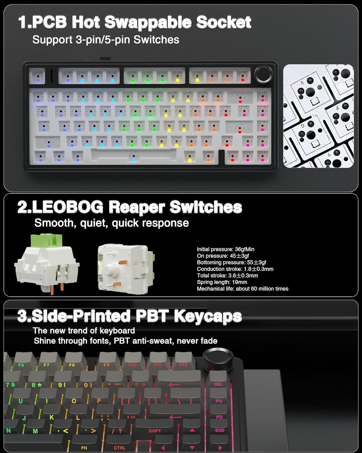 AULA F75 PRO Mechanische Tastatur Gaming,2.4GHz/Type-C/BT5.0 Mechanical Keyboard,Seitlich Graviert,Fünfschichtige Polsterung Struktur,QWERTY,Hot-Swap Kabellos Gaming Tastatur 75 Prozent (Grau) – Bild 5