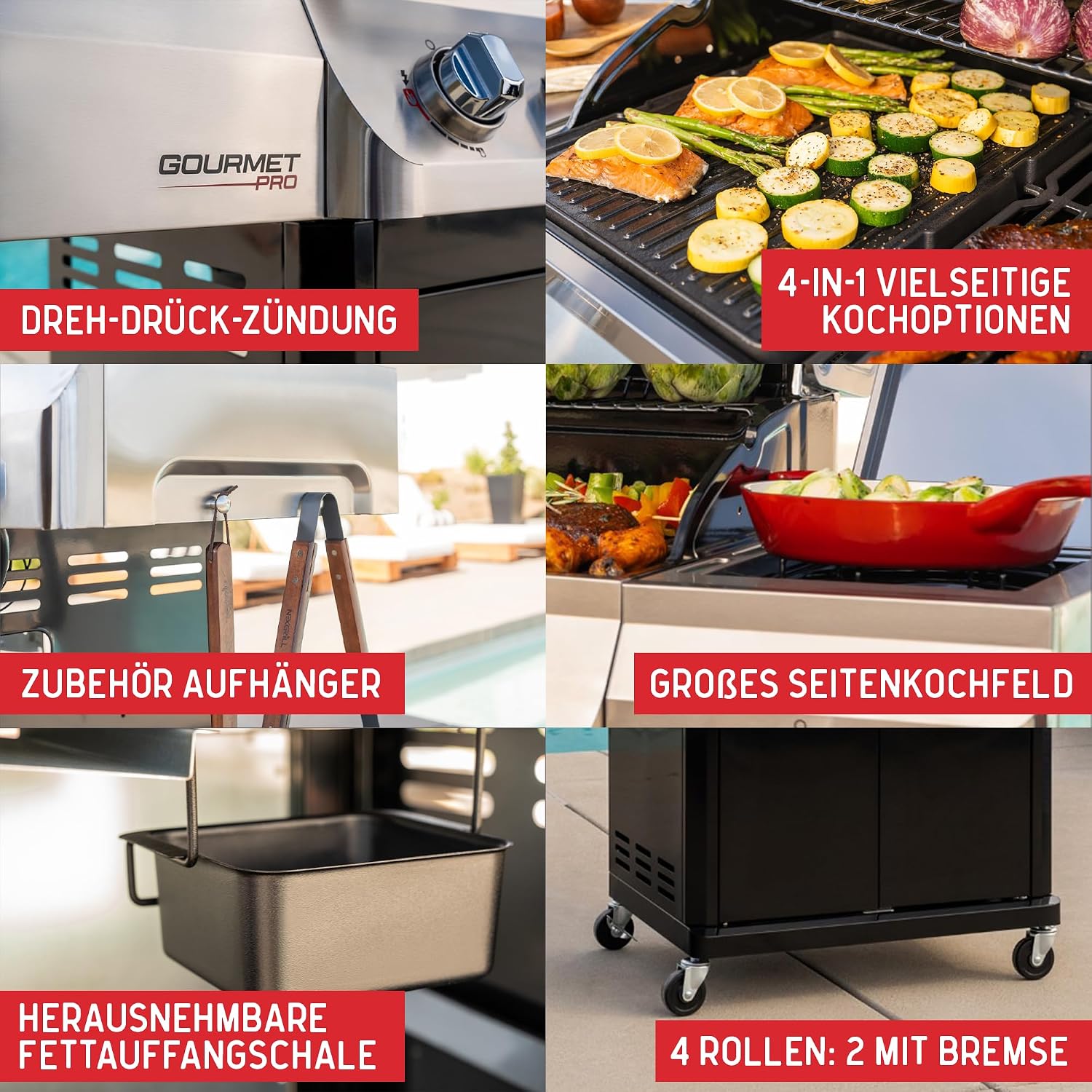 Nexgrill Gourmet Pro 4-Brenner Gasgrill mit Seitenkochfeld & Plancha (Griddle-Max System) – Edelstahl Gasgrill mit porzellanbeschichteten Gusseisenrosten, Ideal für Garten, Balkon & BBQ-Events – Bild 4