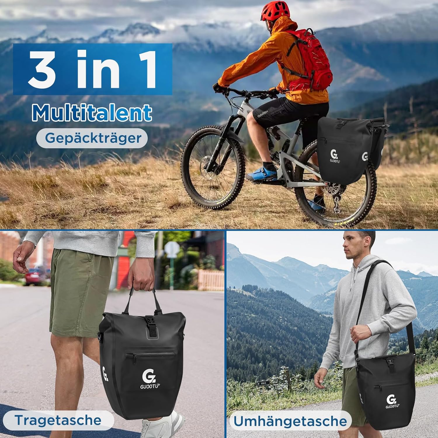 GUOOTU 2 Er Set Fahrradtasche Gepäckträger 48L,aus Tarpaulin Hinten Gepäckträgertasche mit Reflektoren, mit Tragegriff und Schultergurt (Schwarz 24L, 2er Set) – Bild 6