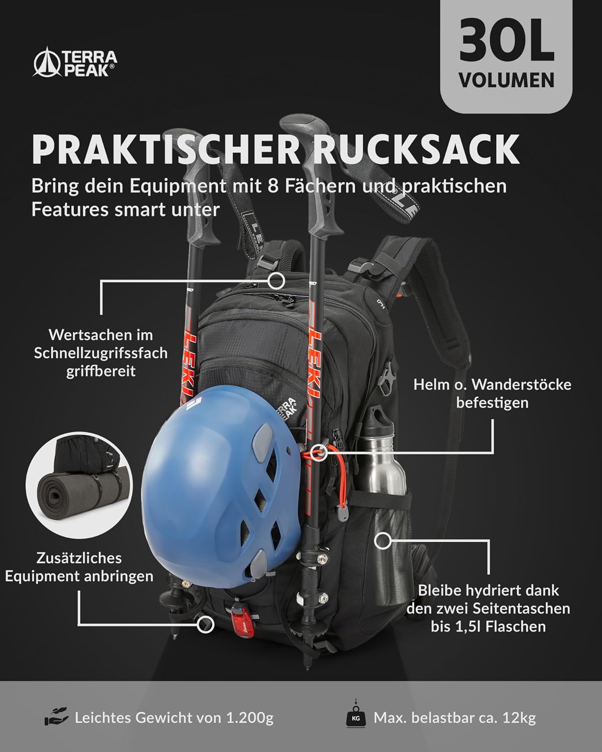 Terra Peak® Premium Wanderrucksack 30L (FLEX 30) für Damen & Herren mittelgroß mit Rückenbelüftung, Regenschutz & Trinksystem-Halterung - Trekkingrucksack ergonomisch aus 3D Air Mesh & Hüftgurt – Bild 3