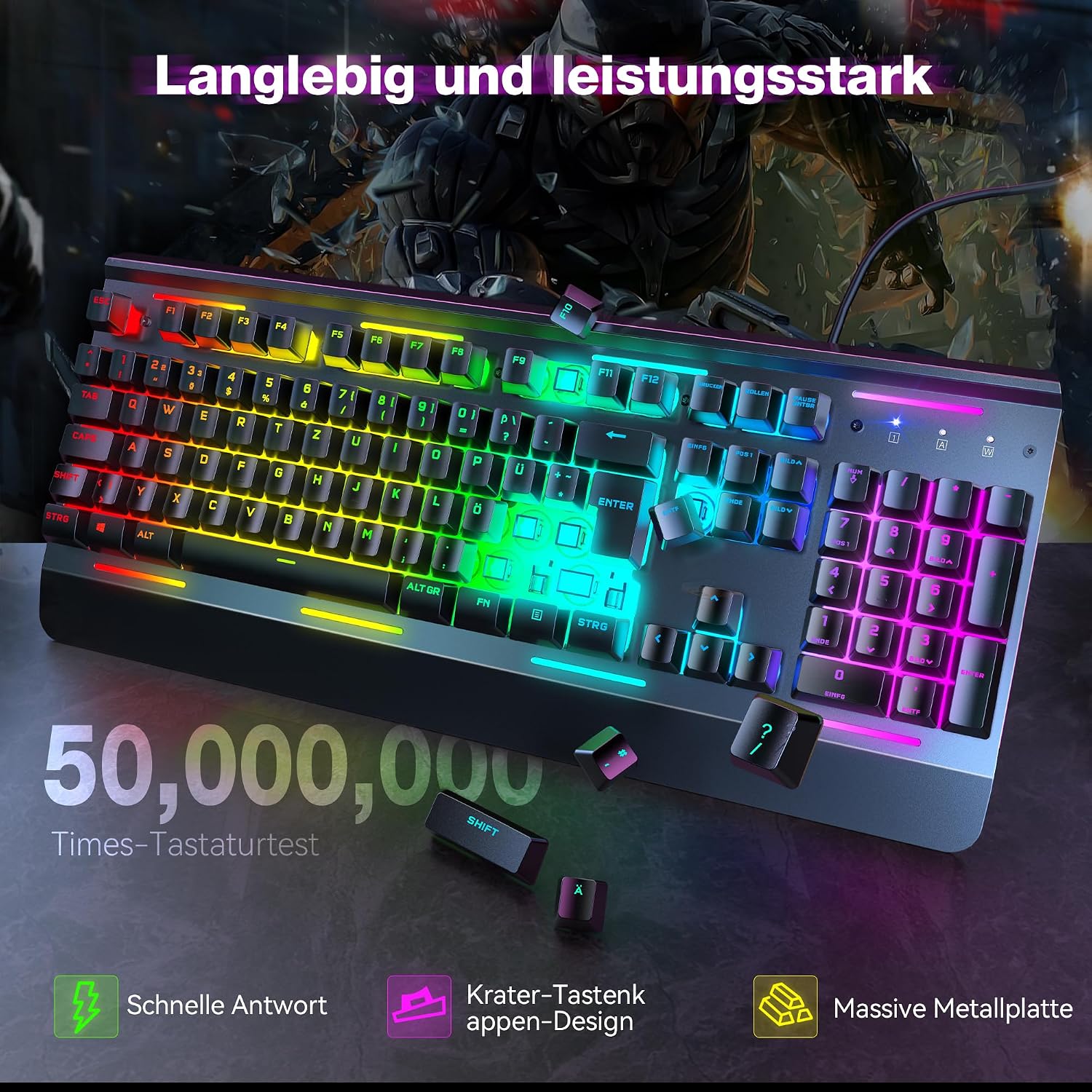 TECKNET Gaming Tastatur 105 Tasten Membrantastatur mit Vollmetall-Gehäuse – Bild 5