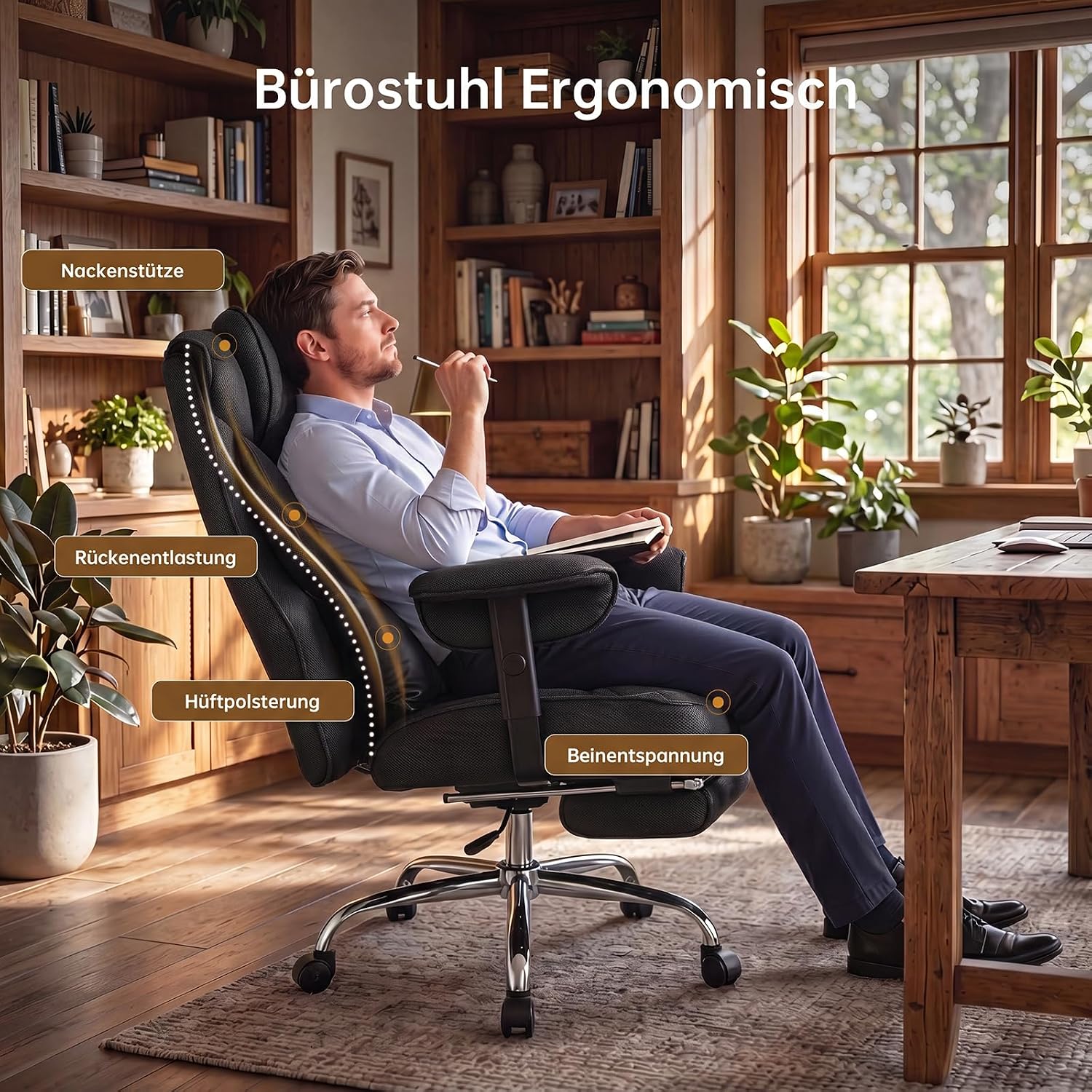 Ergonomischer Bürostuhl 200kg, XXL Chefsessel Fußstütze Homeoffice – Bild 7