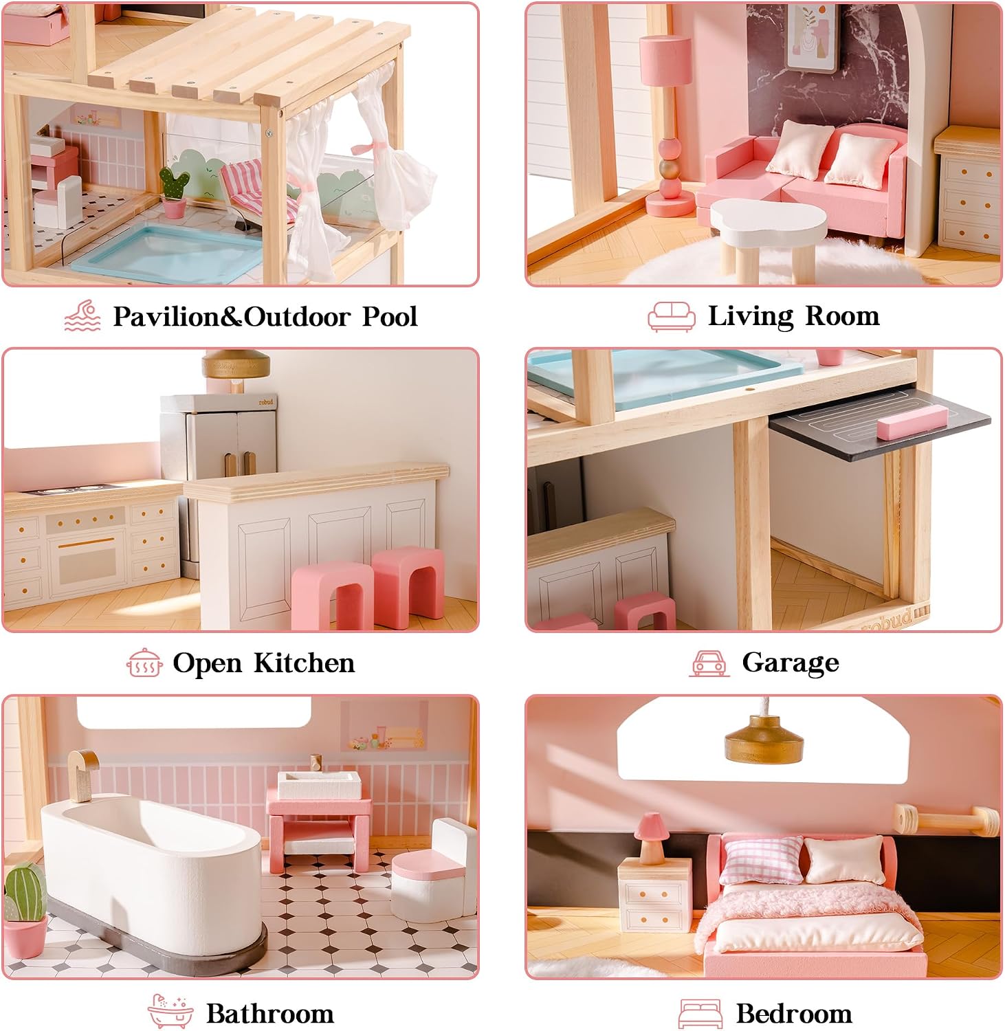 ROBUD Puppenhaus aus Holz,Puppen-Villa mit Möbel,Mit Aufzug, Garage, Pavillon und Schwimmbad,Geschenk für Kinder ab 3, 4, 5, 6 Jahren und älter,Schwarz – Bild 5