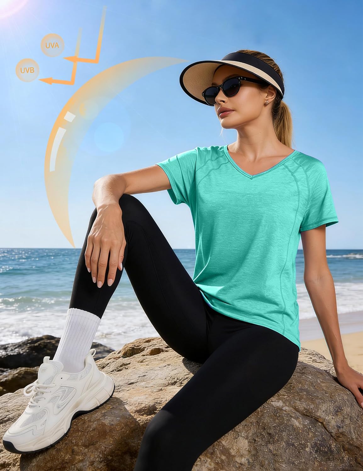 UV Shirt Damen V Ausschnitt Kurzarm Sport Top Sommer Leicht – Bild 3