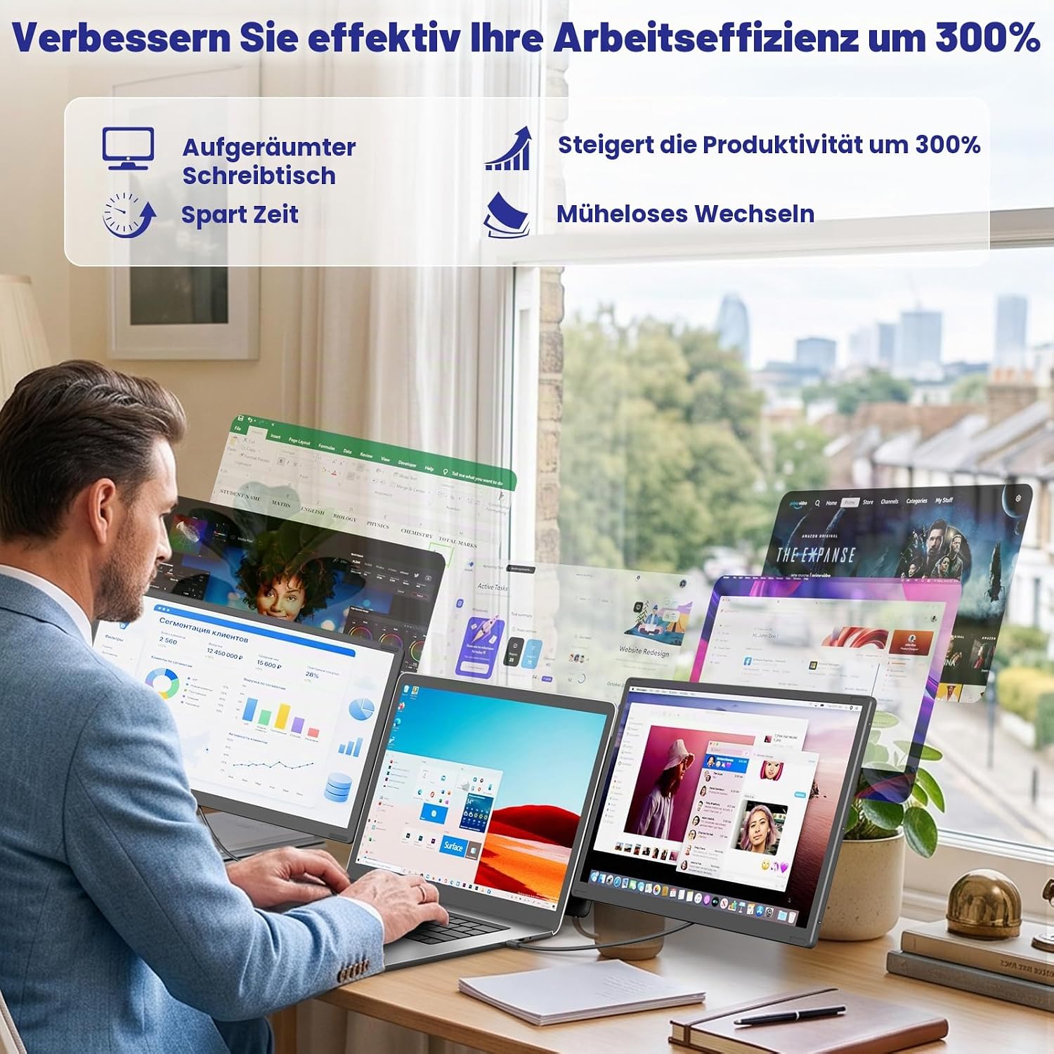 Laptop Bildschirm Erweiterung, 15.6” 1080P FHD Triple Laptop Monitor Erweiterung, Um 235° Drehbarer, Abnehmbarer Dreifach-Bildschirm für 13-17,3” Laptops, Plug & Play kompatibel mit Mac/Windows – Bild 2