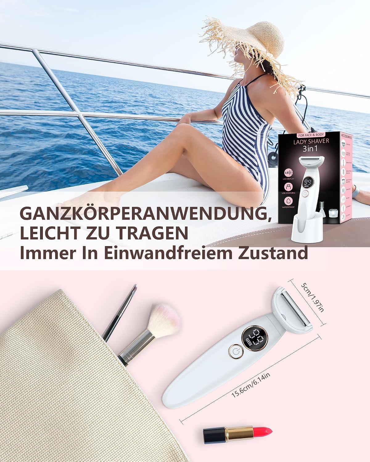 Rasierer Damen,3-In-1 Intimrasierer für Frauen,Gesichtshaarentferner für Frauen,Damenrasierer Elektrisch Nass-Trockenrasierer Ipx7 Wasserdicht Trimmer Damen,für Bikinizone Achseln Beine,USB-Aufladung – Bild 7