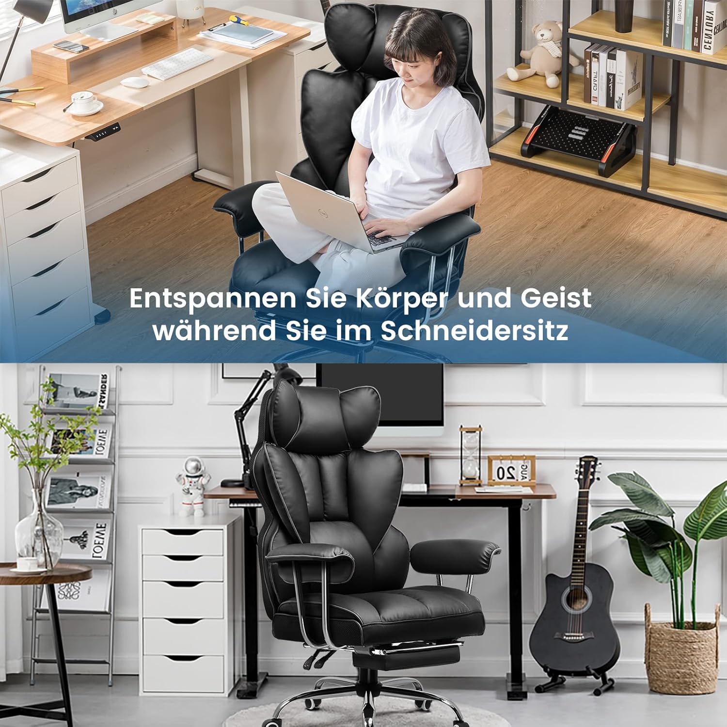 GTPLAYER Gaming Stuhl, Bürostuhl mit Taschenfeder-Lendenwirbelstütze, breiter Büro-Computersessel mit nach außen fixierten weichen Armlehnen und Fußstütze, 180KG, Leder Schwarz – Bild 5