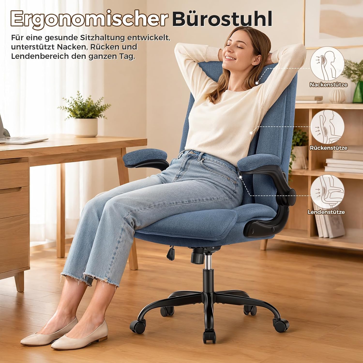 MZLEE Ergonomischer Bürostuhl Blau Stoff, für Arbeitszimmer & Home‑Office – Bild 5