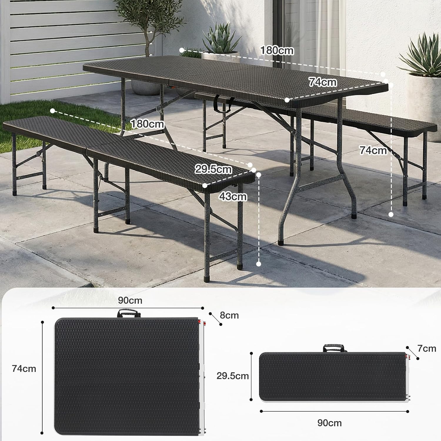Sekey Bierzeltgarnitur Klappbar Rattan-Optik, 180x74x74cm für 8 Personen – Bild 3
