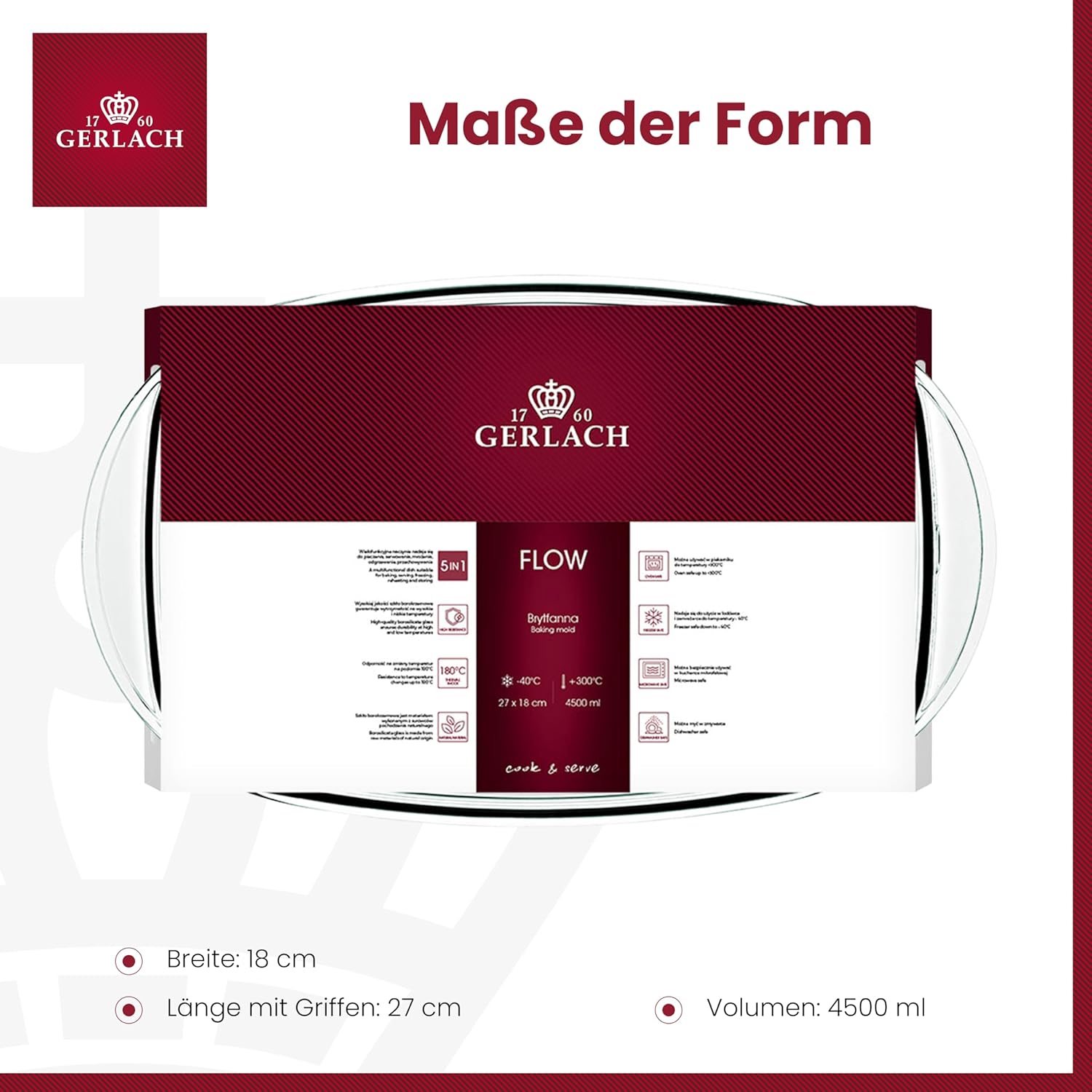 Gerlach 1760 Auflaufform 4,5 l Aus Hitzebeständigem Glas Borosilikatglas Mit Deckel Rechteckig 27 x 18 cm Für Backofen Gefrierfach Flow – Bild 4