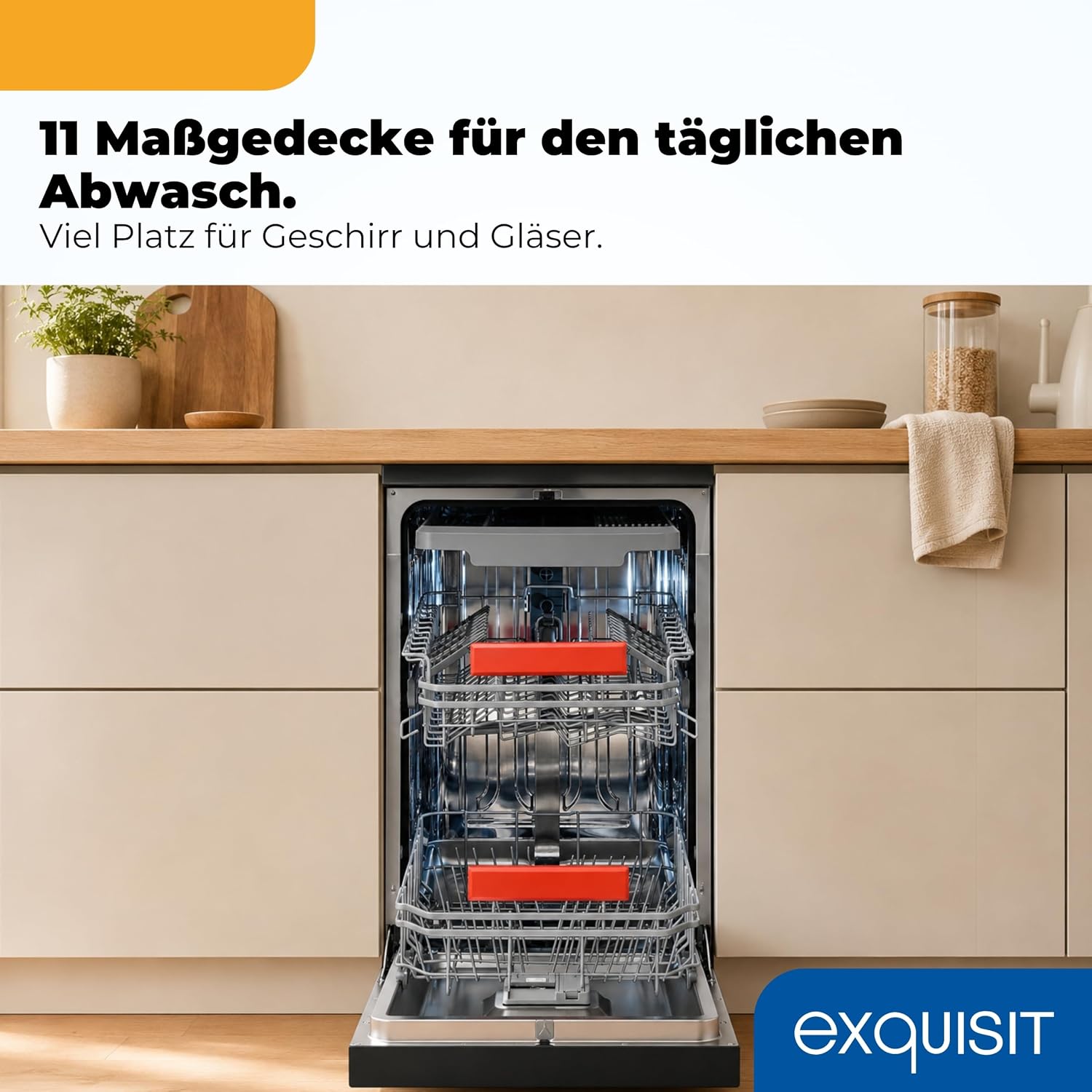 Exquisit Geschirrspüler 11 Maßgedecke | Energieklasse C | 7 Programme | Eco, Intensiv & Glas | Aquastop | Besteckschublade | Extra-Trocknung | Startzeitvorwahl 24 h | Unterbaufähig | Schwarz – Bild 5