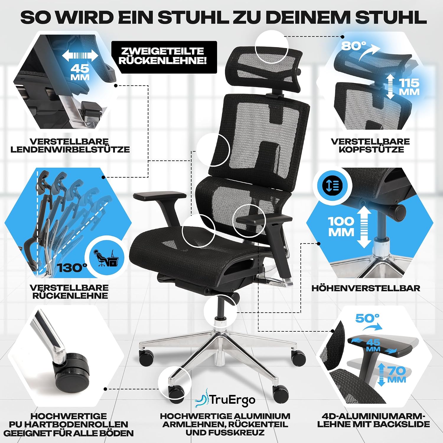 VALKENSTOL M7 Premium Bürostuhl Ergonomisch mit adaptiver Lordosenstütze – Bild 4