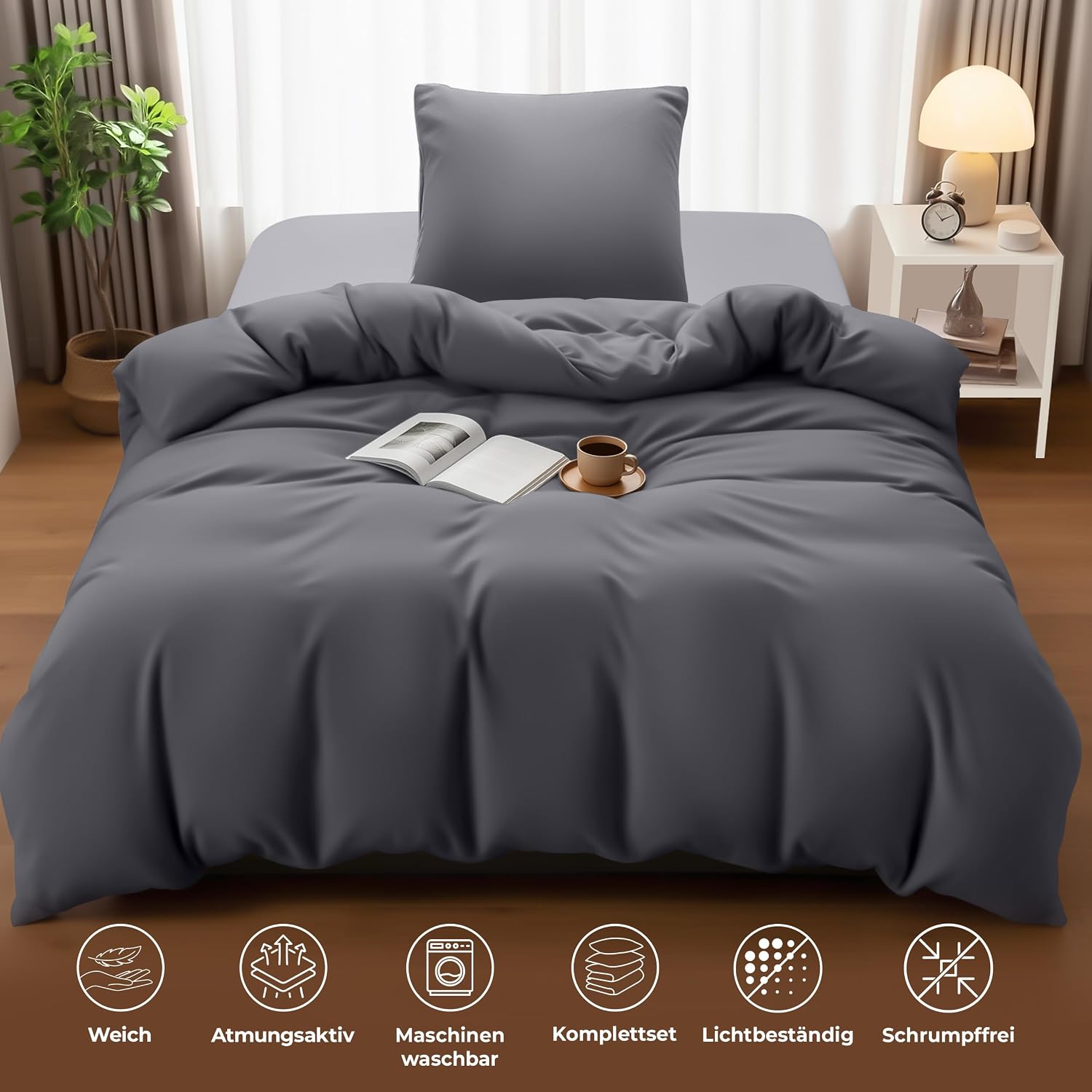 Utopia Bedding Bettwäsche 135x200 cm + 1 Kissenbezug 80x80 cm, Grau – Bild 5