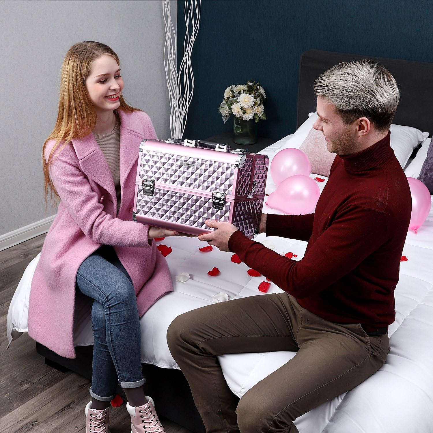 SONGMICS Kosmetikkasten, Rosa, MDF, ABS-Kunststoff, klappbare Fächer – Bild 2