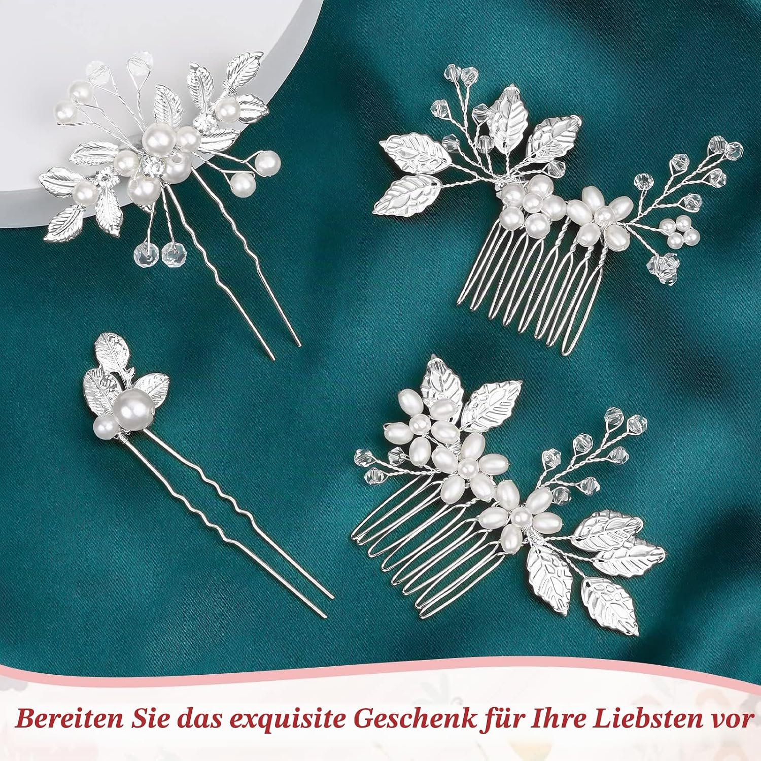 Kiiwah 4 Stück Haarschmuck Hochzeit Perle Blume Braut Haarkamm Strass Brautschmuck Braut Haarnadeln für Kommunion MäDchen Braut Brautjungfer(Silber) – Bild 7