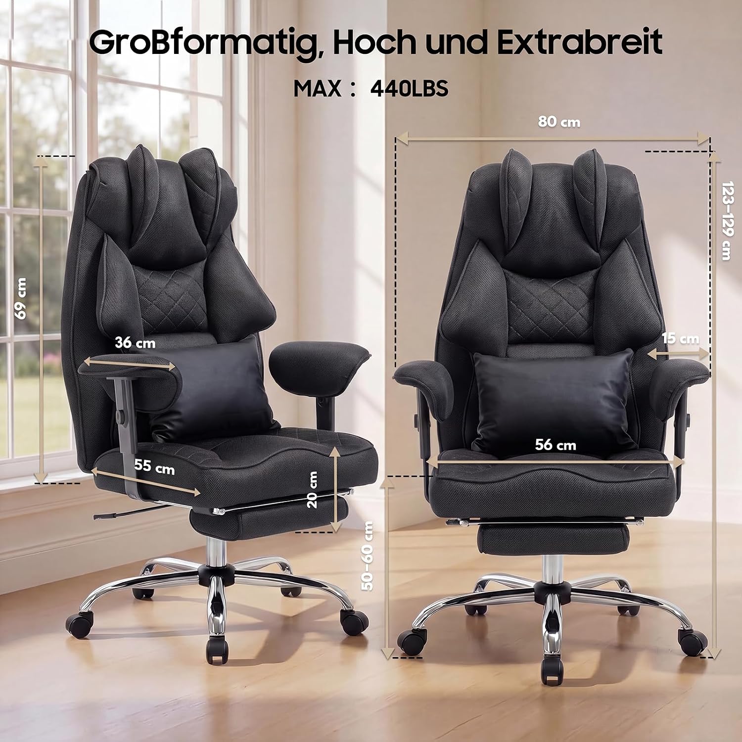 Ergonomischer Bürostuhl 200kg, XXL Chefsessel Fußstütze Homeoffice – Bild 3