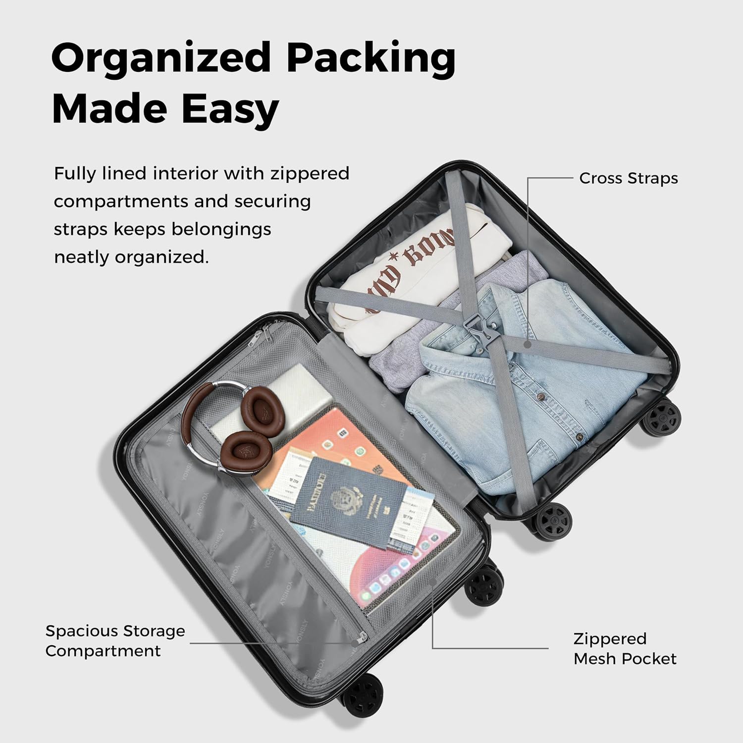 Koffer Suitcase L Schwarz, Trolley Reisekoffer, Rollkoffer Handgepäck mit 4 Rollen 360°, Hartschalenreisekoffer, Zahlenschloss, Weicher Gummigriff – Bild 6