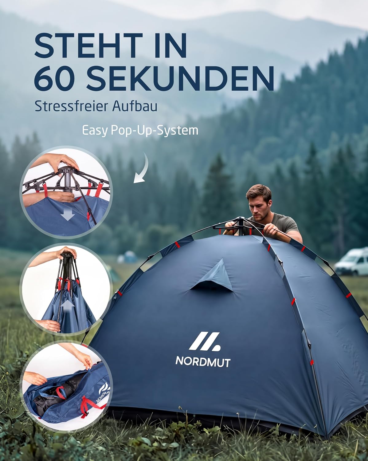 NORDMUT® Wurfzelt 2-4 Personen für blitzschnellen Aufbau – Pop Up Zelt 2-4 Personen wasserdicht & UV-Schutz – Campingzelt mit hervorragender Luftzirkulation – Bild 4