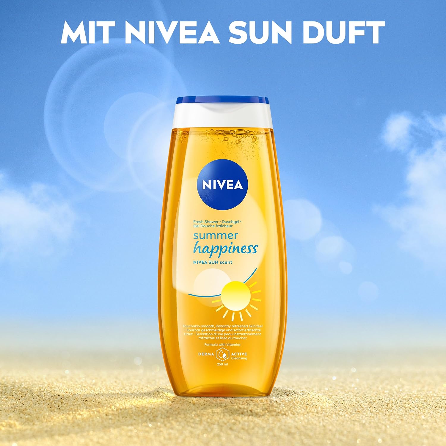 NIVEA Summer Happiness Duschgel, pH-hautneutrale Pflegedusche mit Vitamin C & E, feuchtigkeitsspendendes Duschbad mit dem klassischen NIVEA Sonnencreme Duft (250 ml) – Bild 4