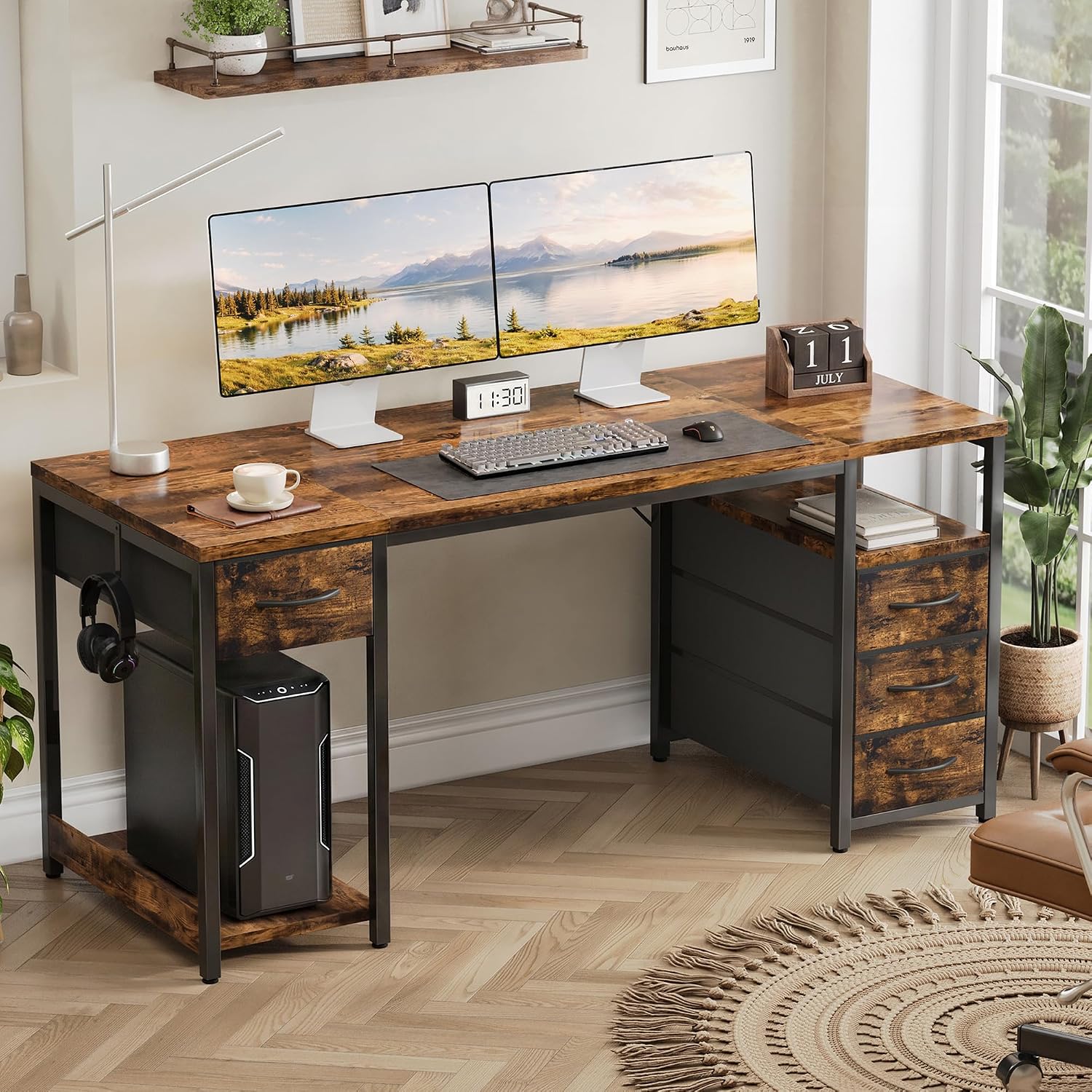 YOUDENOVA Schreibtisch mit 4 Schubladen, Computertisch 140cm CPU-Ständer & offenes Ablagefach, Stabiler Bürotisch PC Tisch Officetisch Für Büro, Wohnzimmer, Home Office Gaming Braun – Bild 2