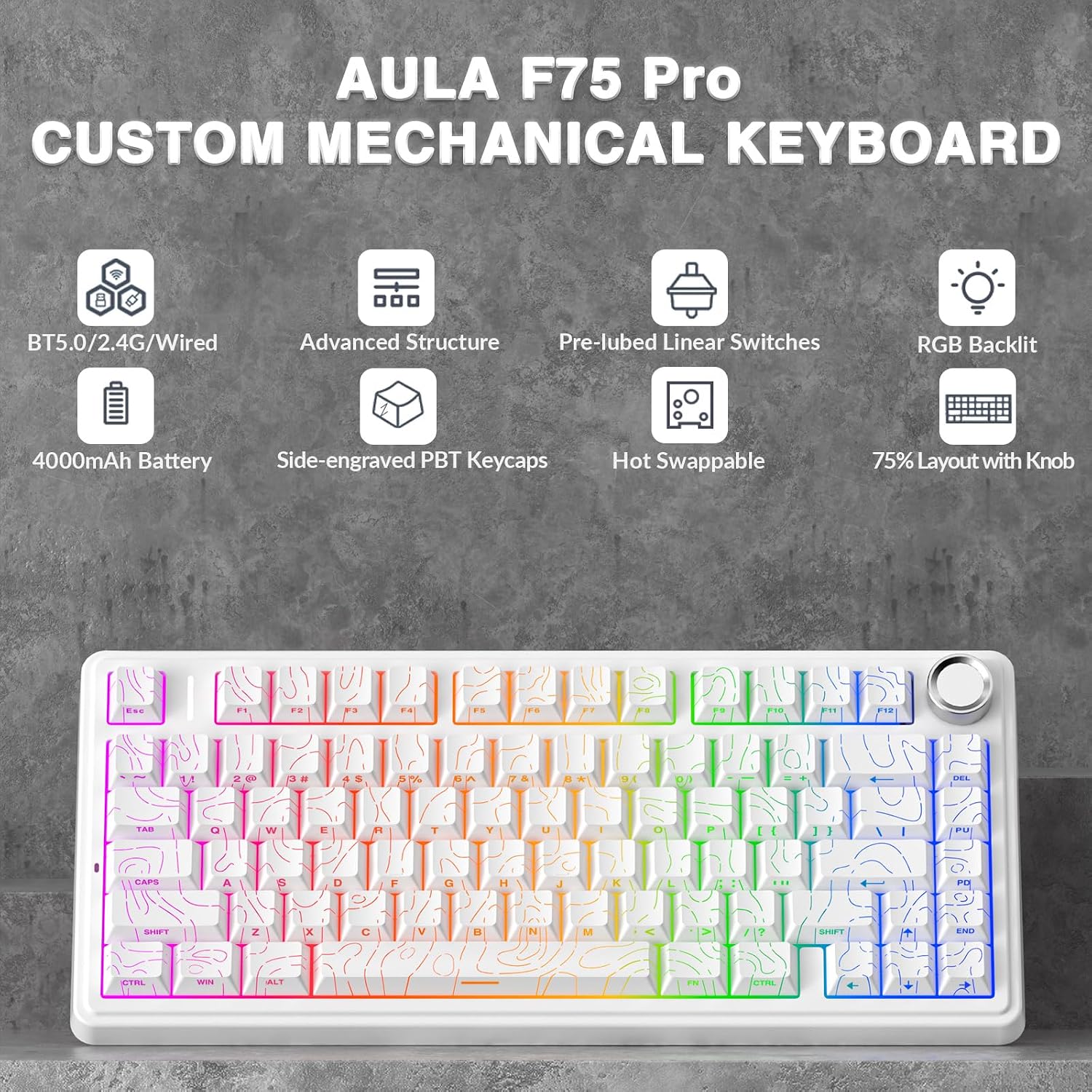 AULA F75 PRO Mechanische Tastatur Gaming,2.4GHz/Type-C/BT5.0 Mechanical Keyboard,Seitlich Graviert,Fünfschichtige Gefüllte Struktur,QWERTY,Hot-Swap Kabellos Gaming Tastatur 75 Prozent (Weiß) – Bild 2