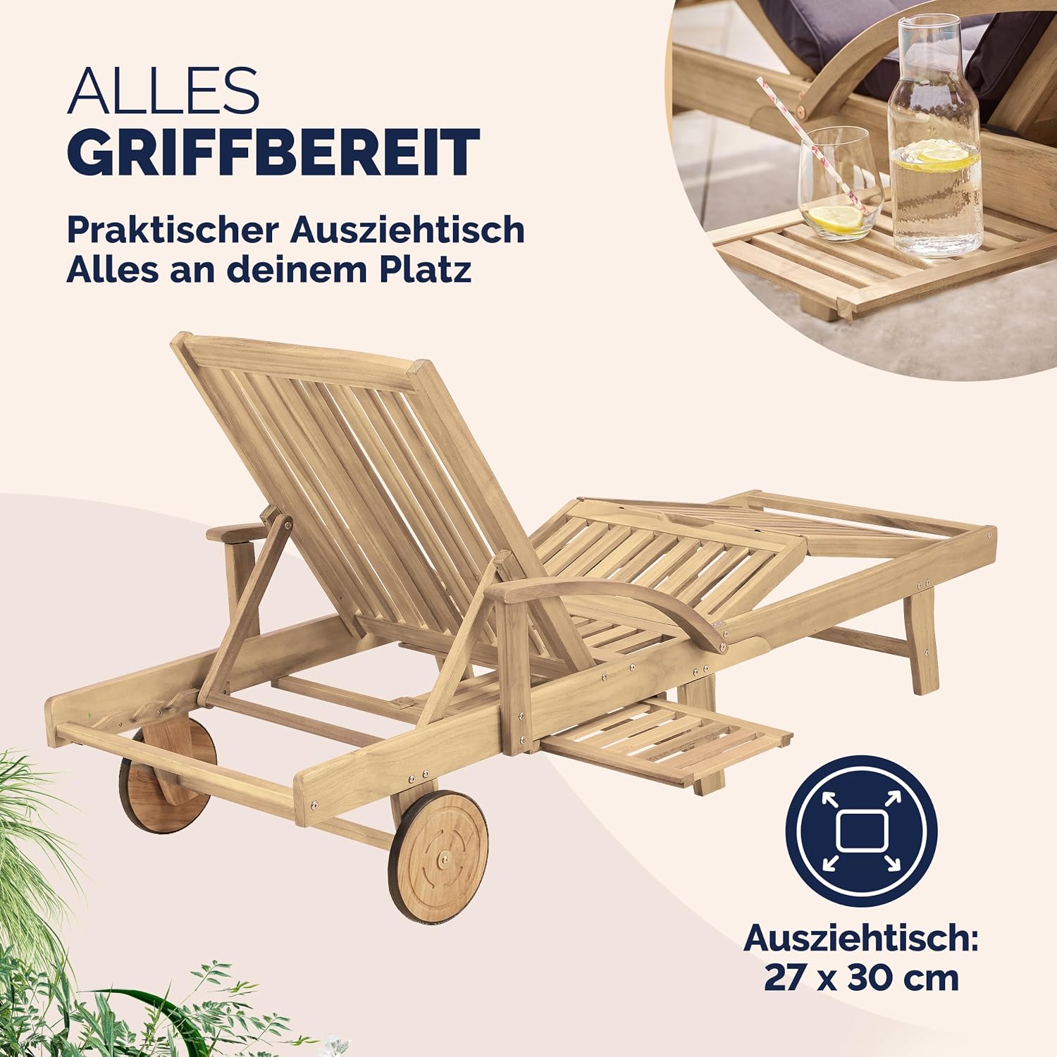 CASARIA Sonnenliege 2er Set, klappbar, Rollen und Ausziehtisch, Teakoptik – Bild 5